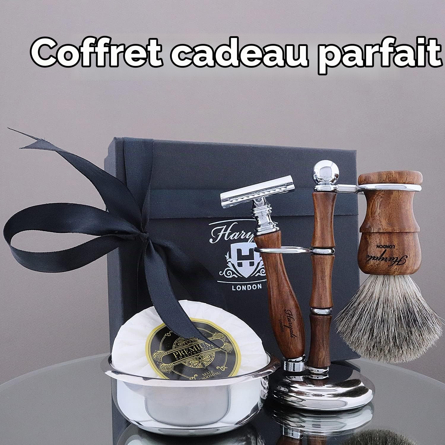 Haryali London Lot de 5 rasoirs de sécurité en bois pour homme avec double bord, brosse à cheveux, support, bol et savon Noir pur Nouvel An