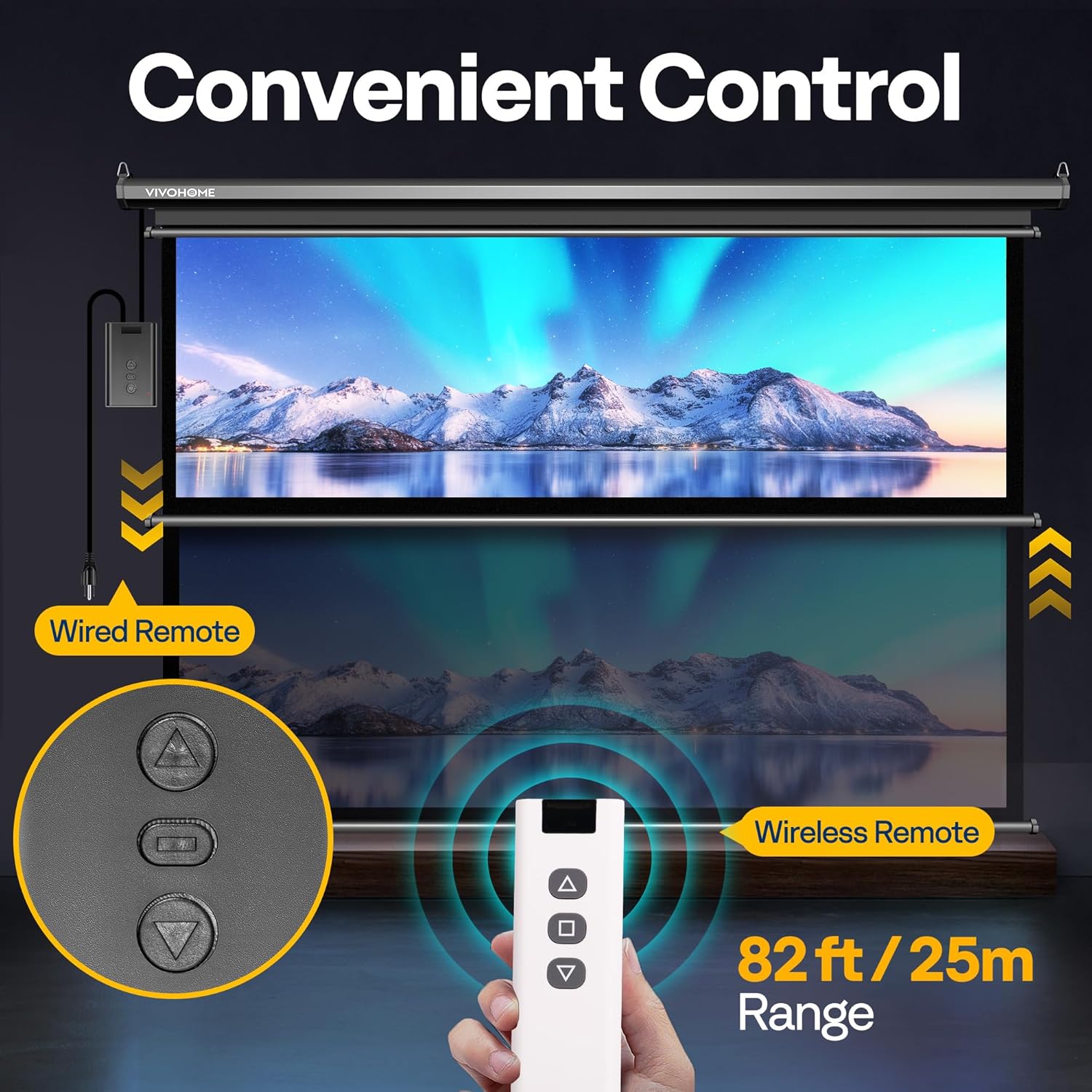 Image showing both the wired and wireless remote controls for the projector screen, highlighting their 82 ft / 25m range.