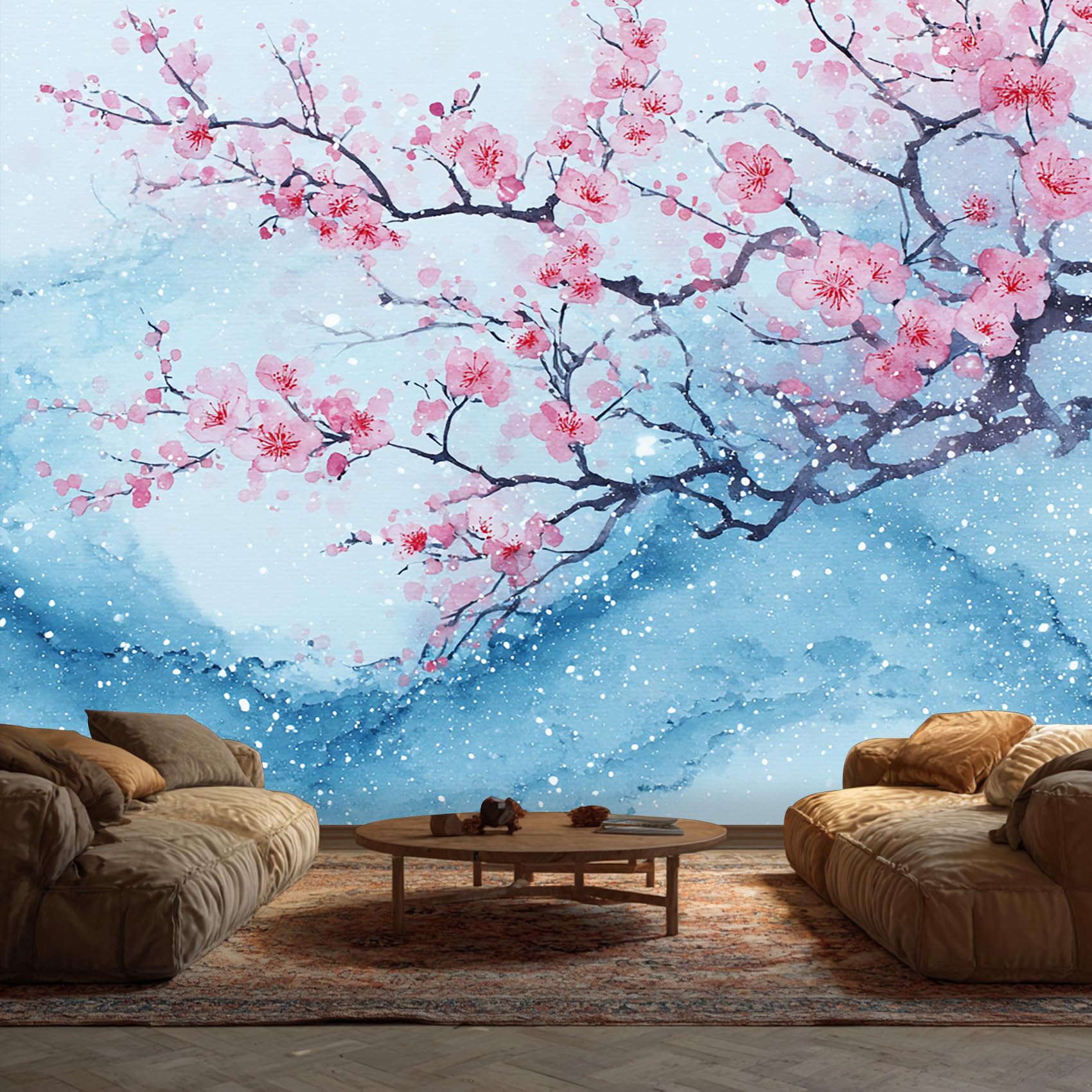 Japanese Cherry Blossom Mural Wallpaper, Snow Branch Floral Wallpaper for Bedroom, Living Room, TV Backdrop, Office, Hotel Wall Background Decoration Non-Woven Wall Paper 300 x 210 cm (WxH) โ image 1