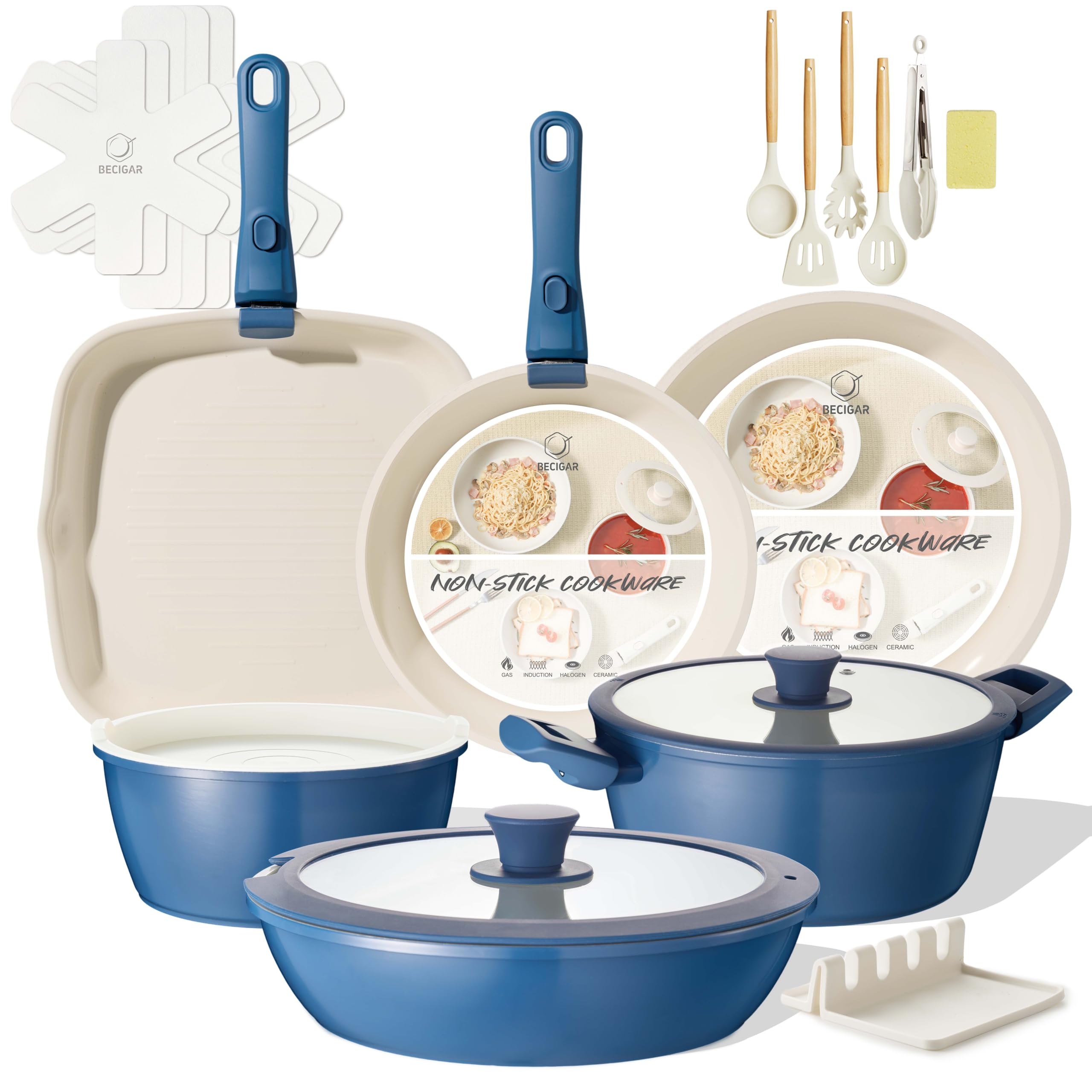 BECIGAR 23pcs Ceramic Pots and Pans Set, Nonstick Detachable Handle Cookware