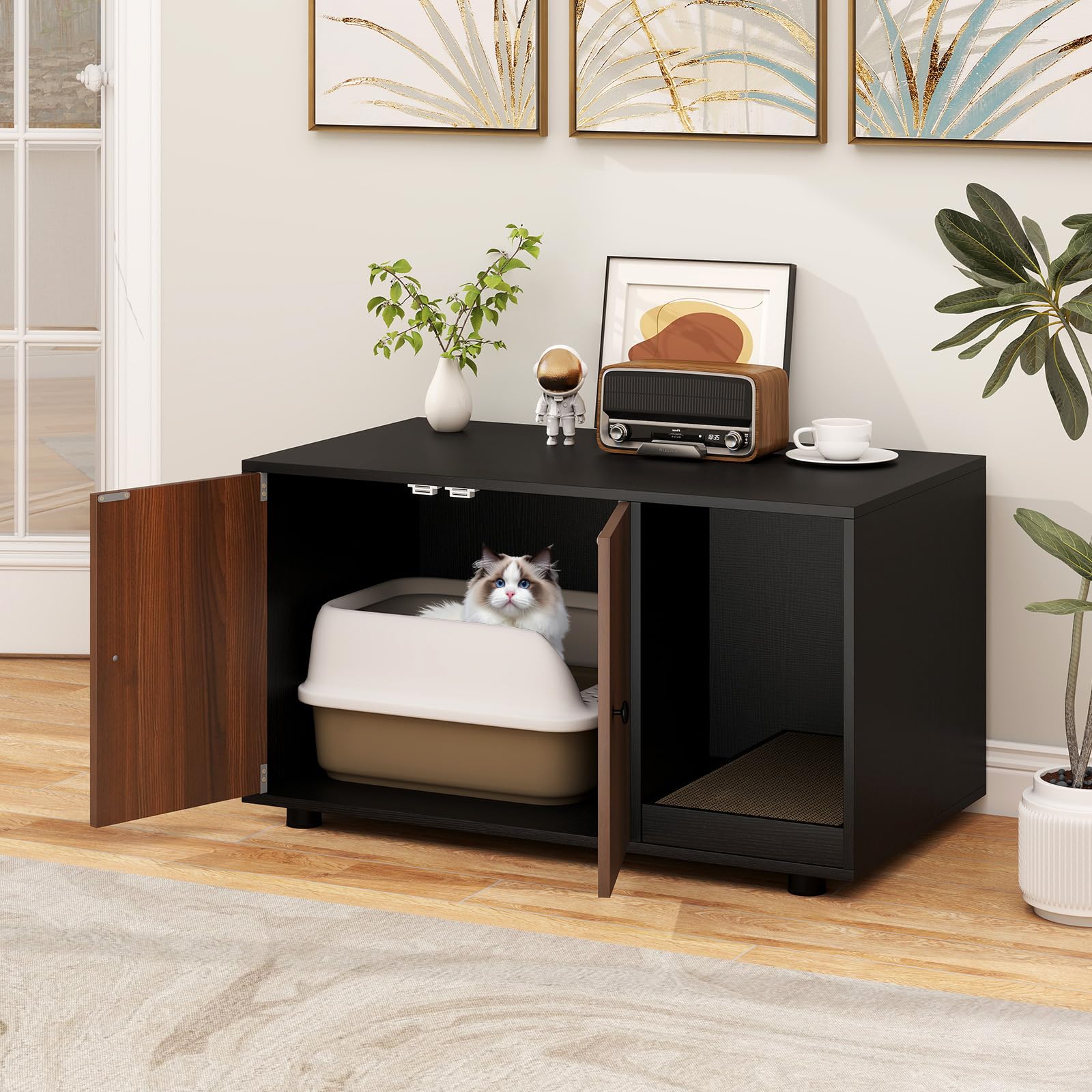 Tangkula Cat Litter Box Enclosure, Hidden Litter Box Furniture with Scratching Board, Double Doors, Modern Indoor Cat House End Table, Wooden Cat Washroom Cabinet (Black+Walnut) - image 2