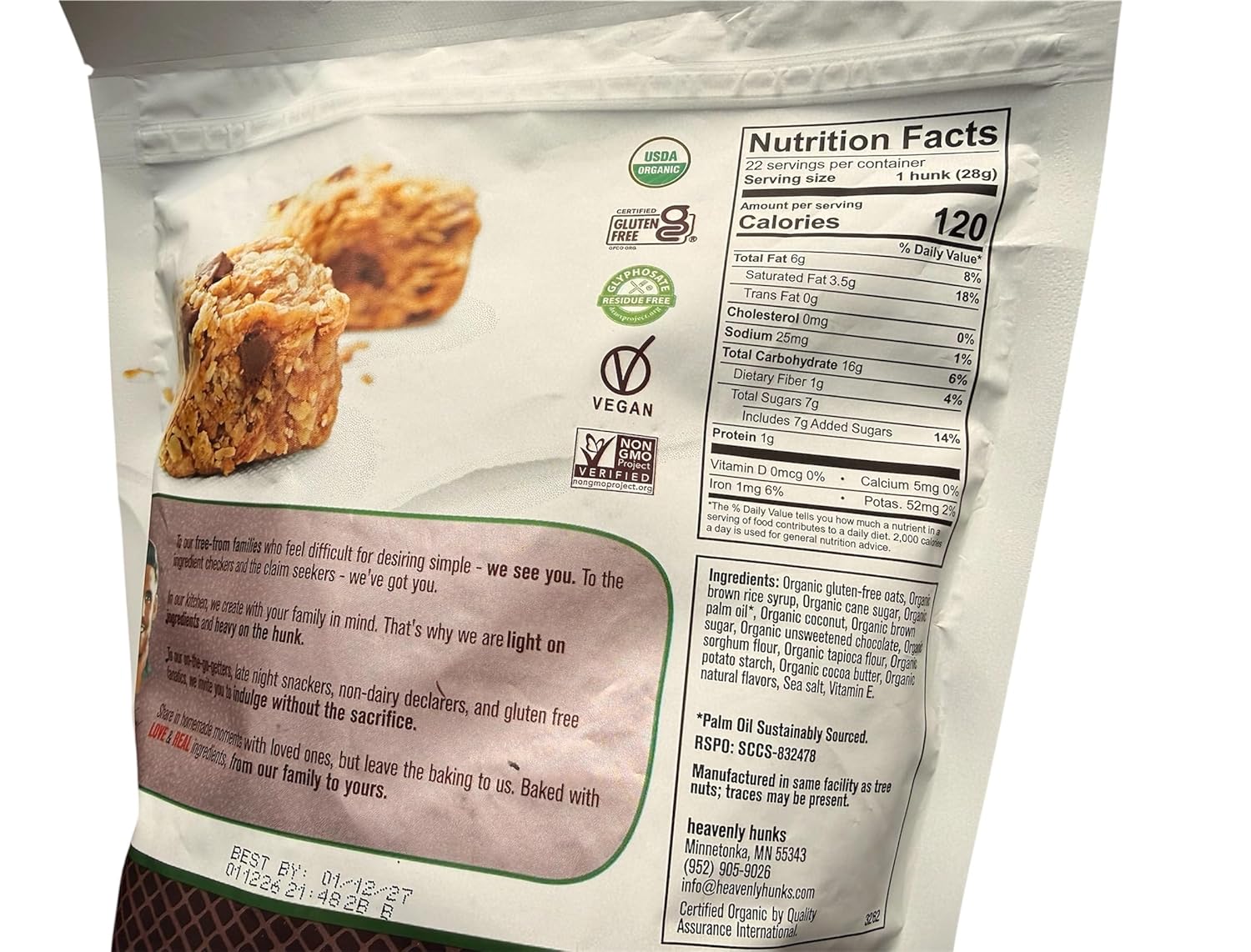 New Heavy Hunks Organic Oatmeal Dark Chocolate Cookies, Gluten-Free, Vegan, 1 lb 6 oz, 22 Servings/2packs/actual photo posted/Resealable pack