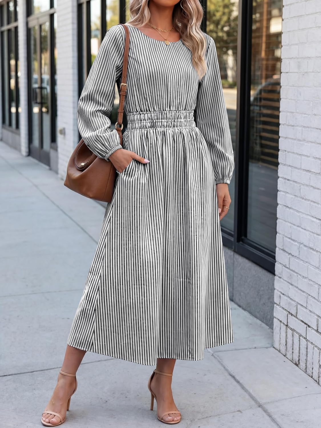 ANRABESS Women's Long Sleeve Striped Fall Midi Dress with Pockets image 3