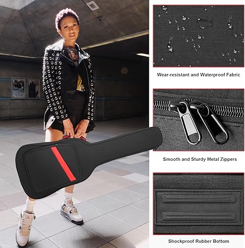 Miniatura 9 de Muscab Bolsa de guitarra para bajo de 0.276 in, acolchado para bajo eléctrico, mochila con correa para el cuello y bolsillos, color negro