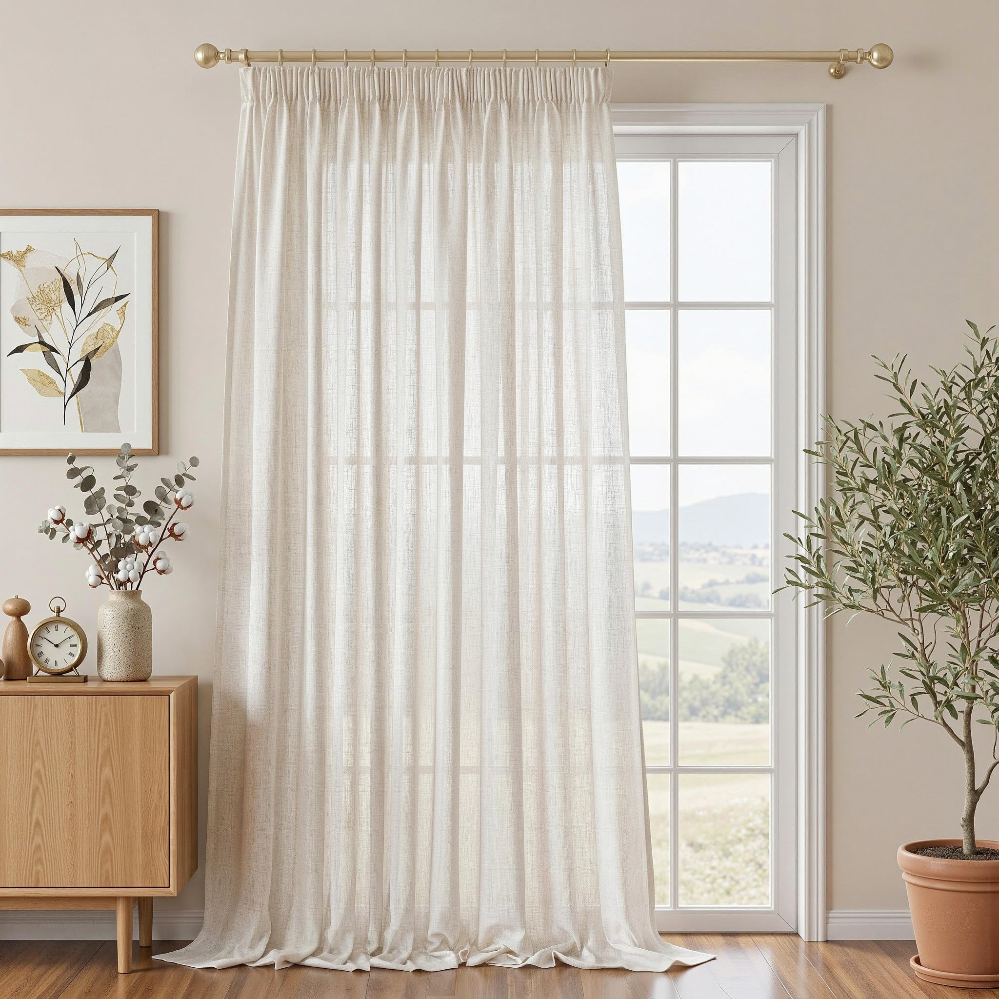 Rideaux en lin semi-transparent voilage court 280 x 300 cm galon fronceur