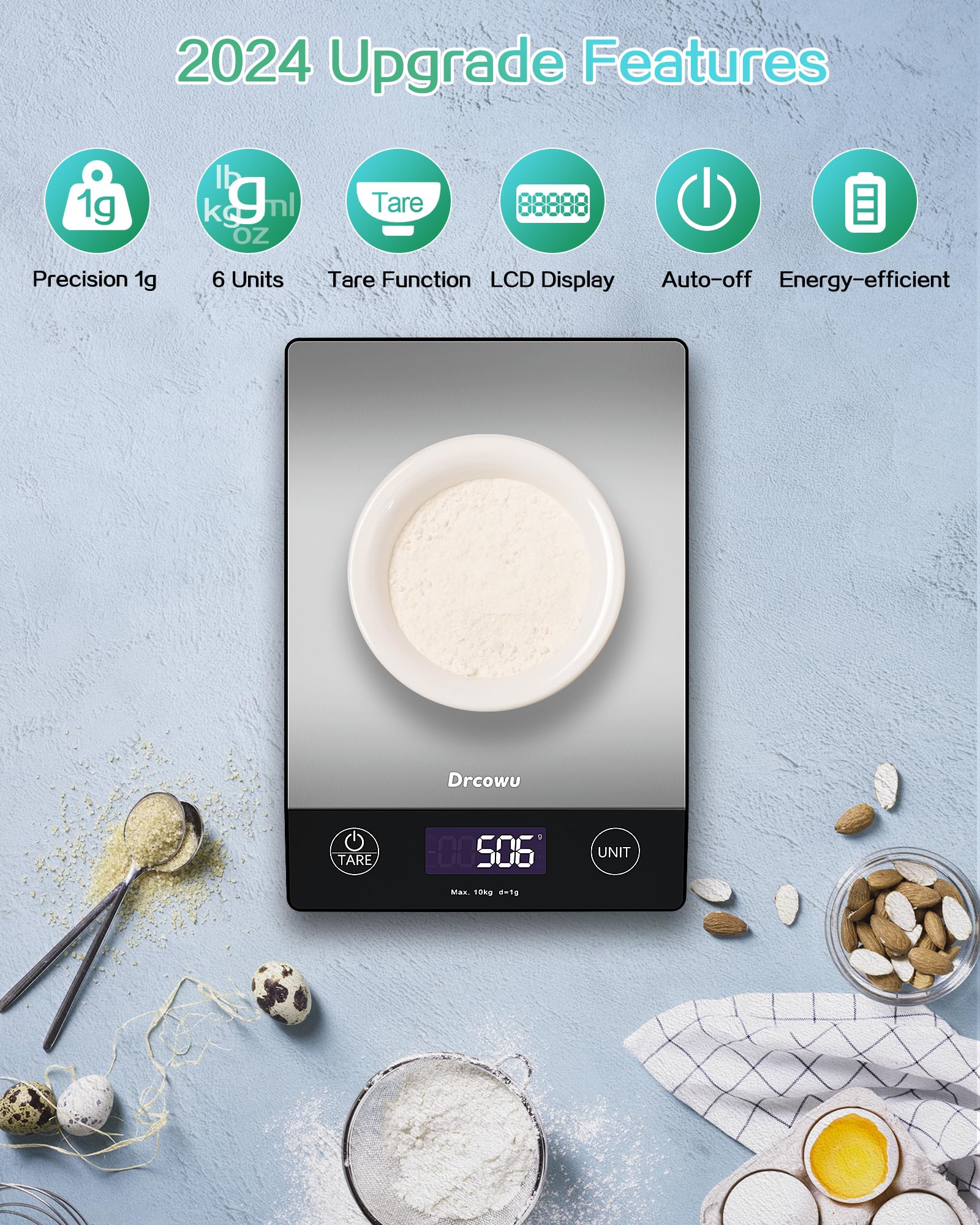 Bilancia Cucina Digitale, 10kg Bilancia da Cucina Professionale, Alta Precisione 1g/0,1oz Pesa Alimenti con Funzione Tare, Display LCD, 6 Unità, Facile da Leggere e da Usare