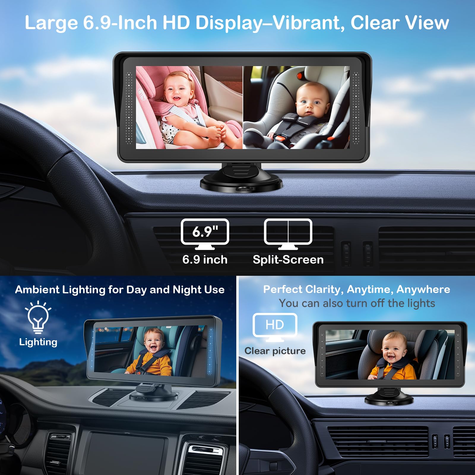 Cámara doble para coche de bebé para 2 niños, pantalla dividida de 6.9 pulgadas, pantalla HD ultra ancha con dos cámaras, fácil configuración, cámaras de visión nocturna giratorias, ideal para padres