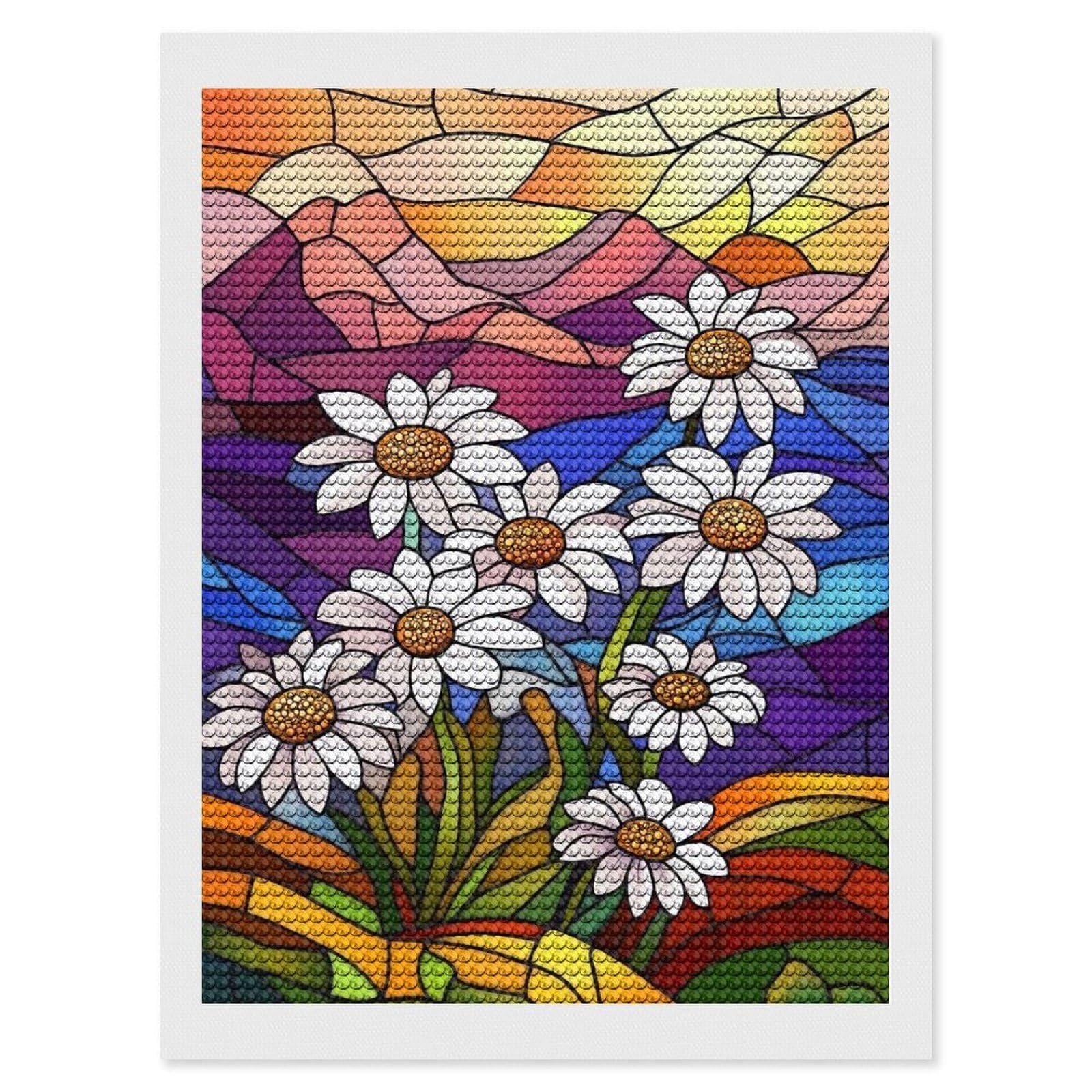 Junmoney Stained Glass Daisies Diamond Painting Canvas Kit 12"x16", Adhesive Canvas, Christmas Gift, Full Kit Included, Thoughtful Present