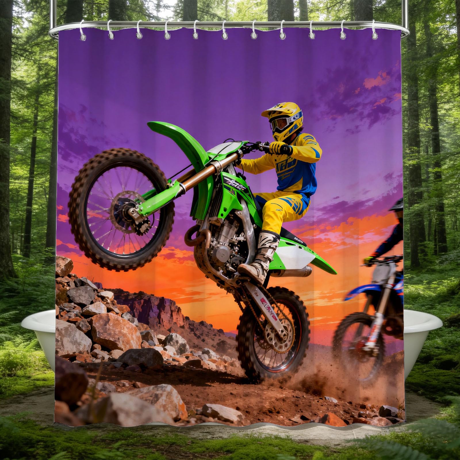 Hongduo 3D Motorcycle Stunt Shower Curtain for Stalls Bathtubs Extreme Sport Bathroom Decor Shower Curtain Set Polyester Fabric Waterproof 180x200cm/71X79 Inch with Hooks