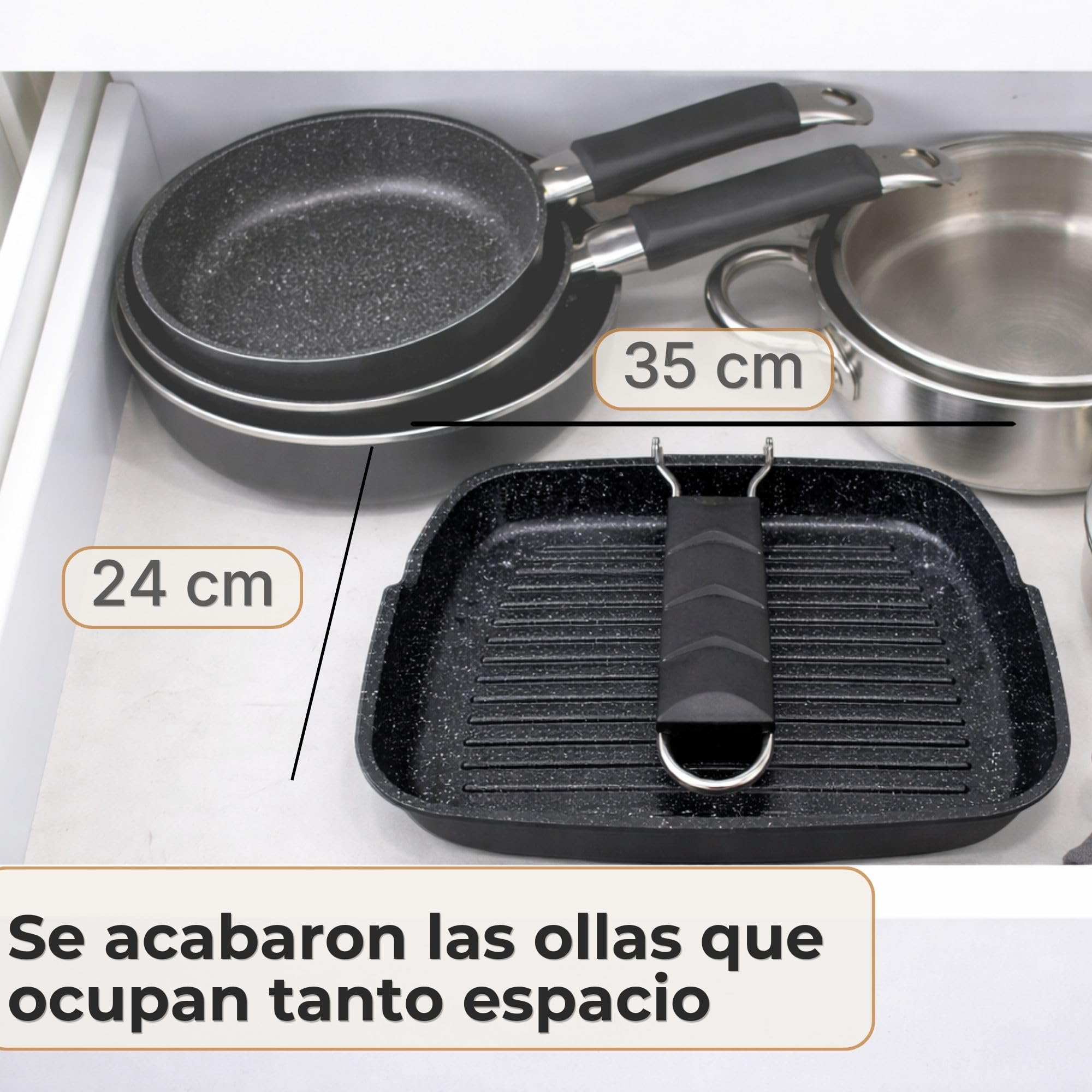 NAMAI - Sarten Grill Para Induccion 35 CM x 24 CM, Revestimiento Antiadherente, Aluminio Fundido a Presión, Apto Para el Lavavajillas, Asa Plegable que Ahorra Espacio (35 x 24 CM)