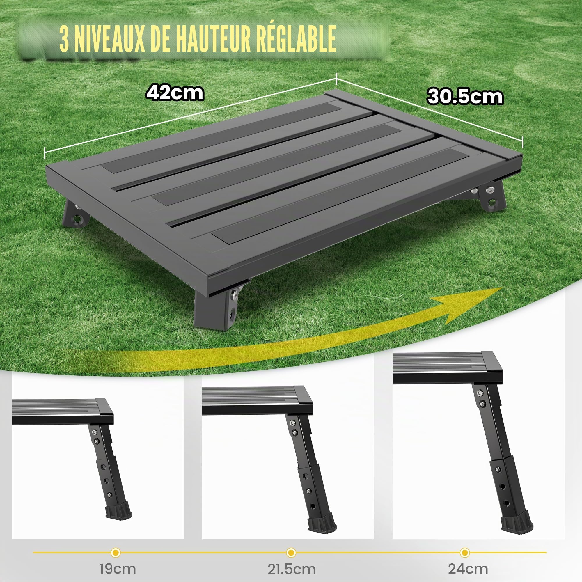 Tabouret pliable réglable en aluminium résistant avec 3 niveaux de hauteur (19-24 cm), surface antidérapante portable, pour caravane, camping-car, personnes âgées, animaux domestiques et