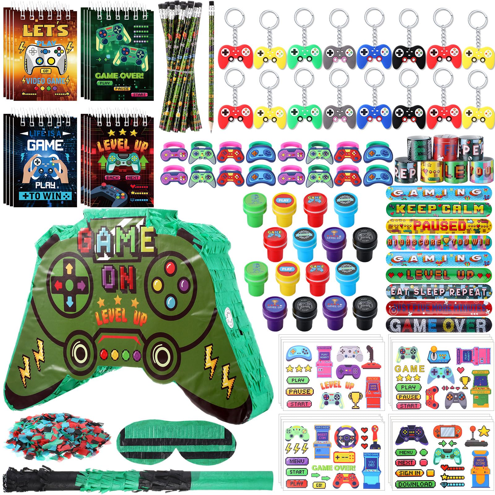 Spakon 113 Pcs Video Game Piñata Video Game Birthday Party Supplies Piñata Set 16 Mini Notebook 16 Pencil 16 Keychain 16 Silicone Bracelet 16 Mini