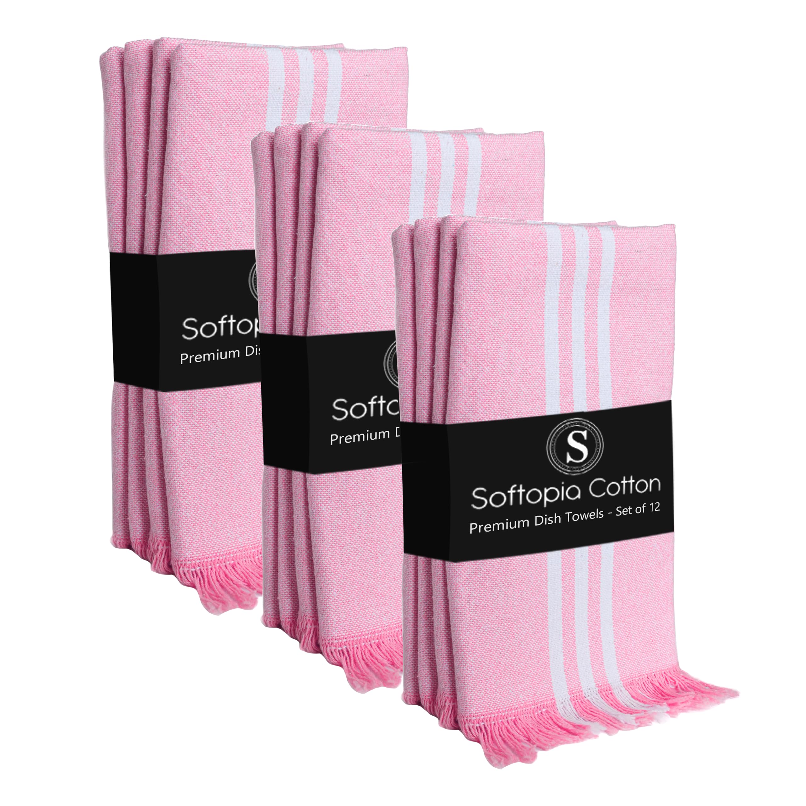 Prewashed Stripe Tea Towels 12 Pack, 16x26 Inches, Dish Cloths for Cooking and Cleaning, Quick Dry Kitchen Rags, Reusable Hand Towels for Drying Dishes and Surfaces - Rose Pink