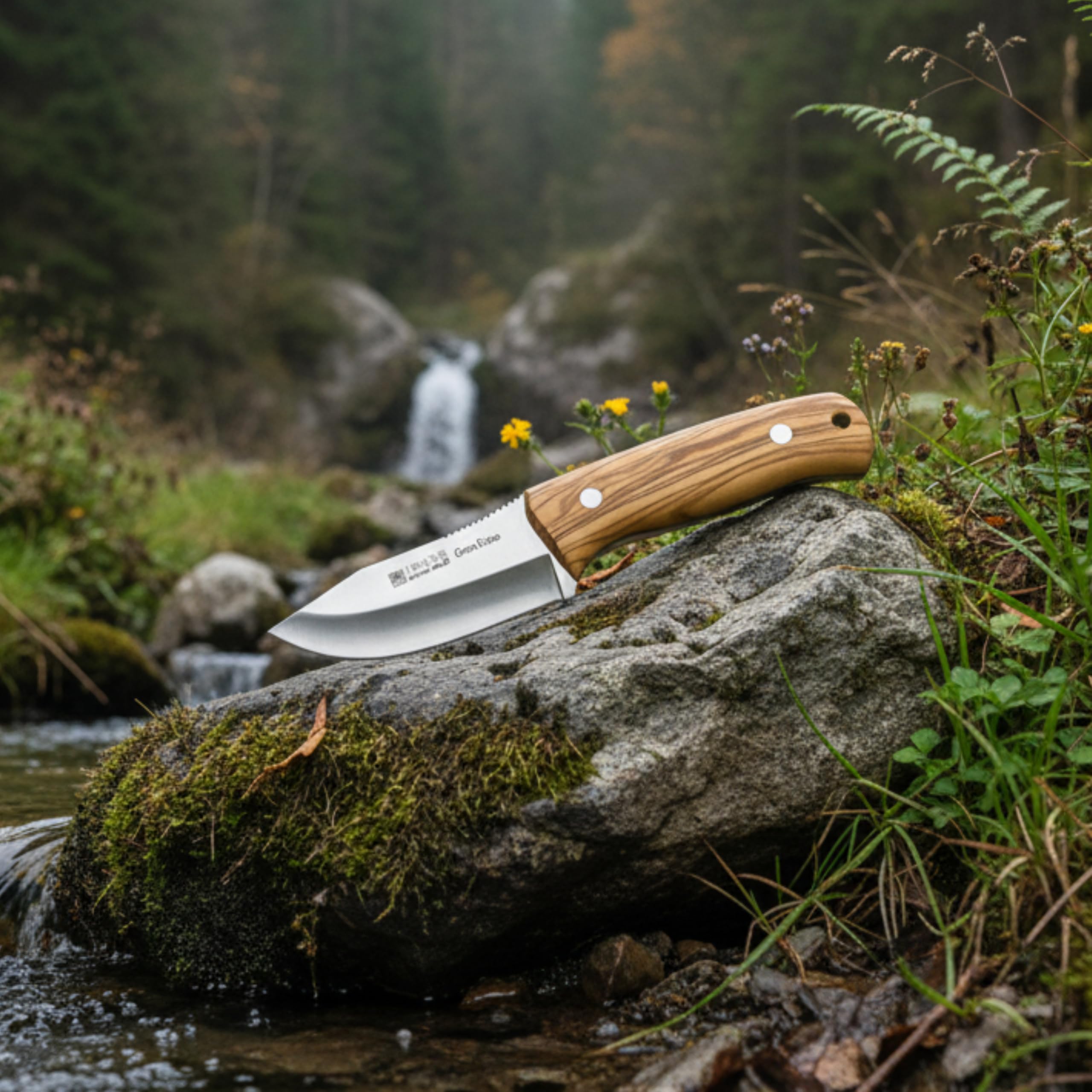 Joker "Gran Erizo CO145 Bushcraft Messer – Handgefertigt in Spanien, Olivenholzgriff, 9,5 cm MOVA 1.4116 Klinge aus rostfreiem Stahl, braune Lederscheide, ideal für Jagd, Angeln, Camping & Trekking