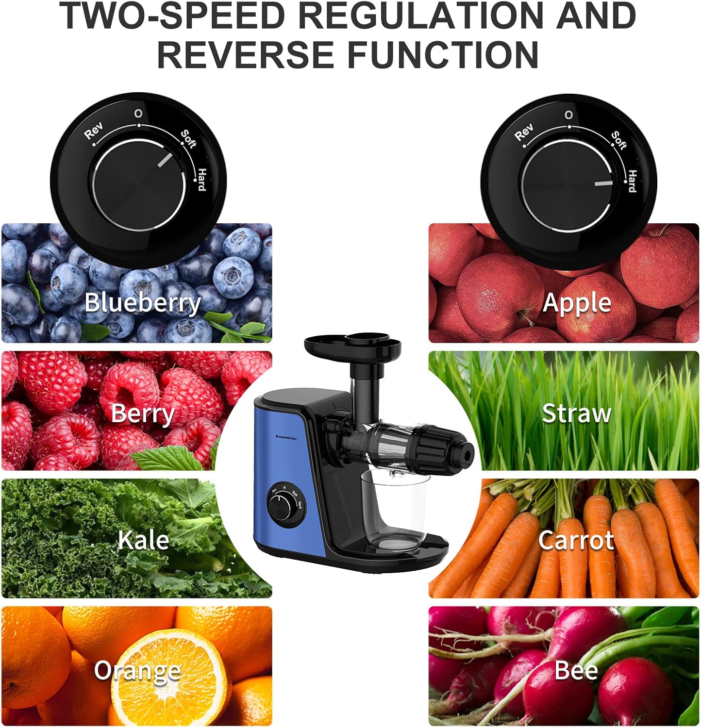 Image showing the juicer with a dial for two-speed regulation (Soft/Hard) and a Reverse function, surrounded by various fruits and vegetables.