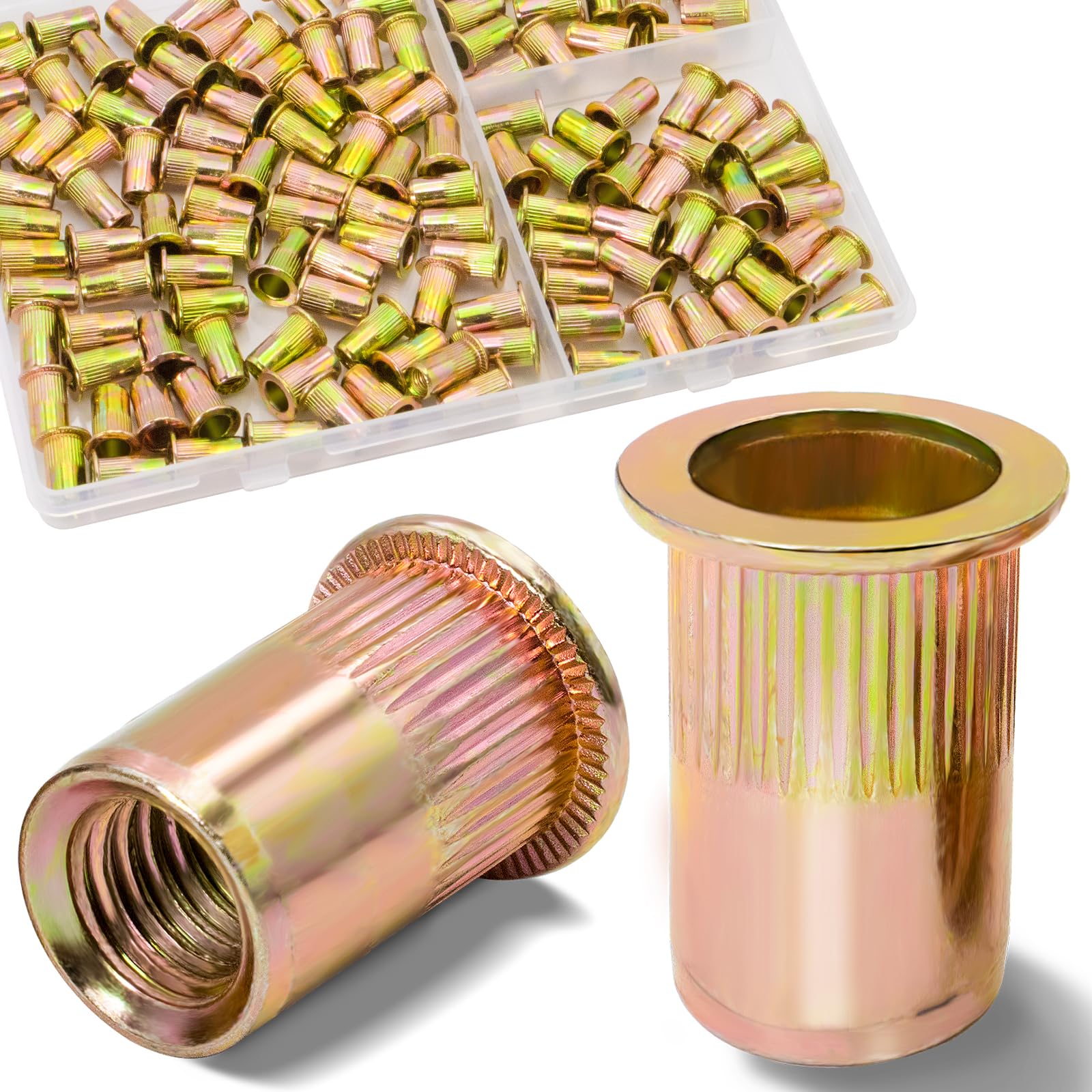 Vifmy 10-24 UNC Rivet Nut, 130Pcs Zinc Plated Finish Carbon Steel Flat Head Threaded Insert Nutsert Kit, Yellow