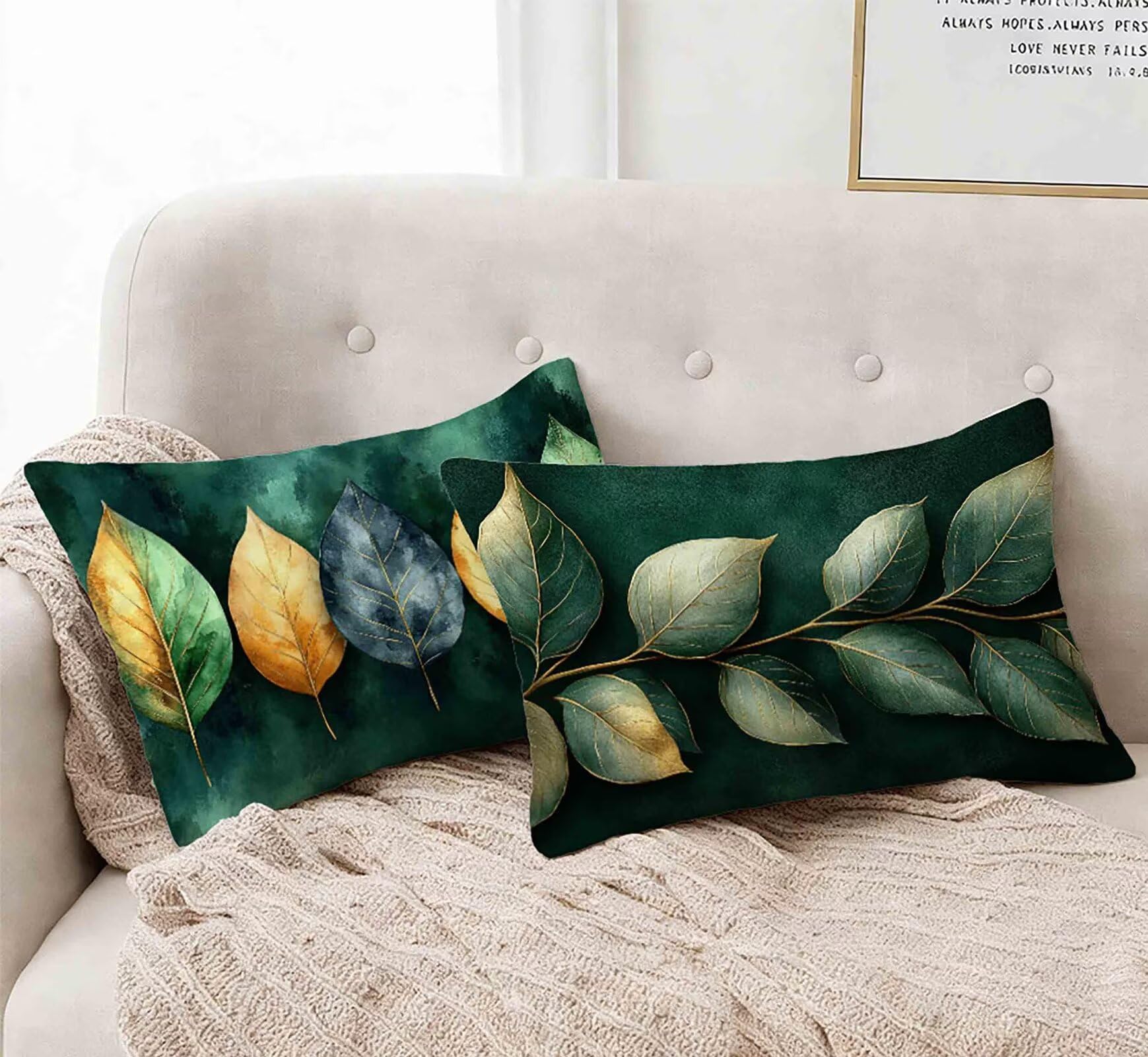 Kissenbezug Senffarbe Kissenbezug 50x80cm 2er Set, Kopfkissen Blätter Kopfkissenbezug Wasserdicht Leinen Design Kissenbezüge Herbstdeko mit Verstecktem Reißverschluss für Deko Schlafzimmer -lsy250127A