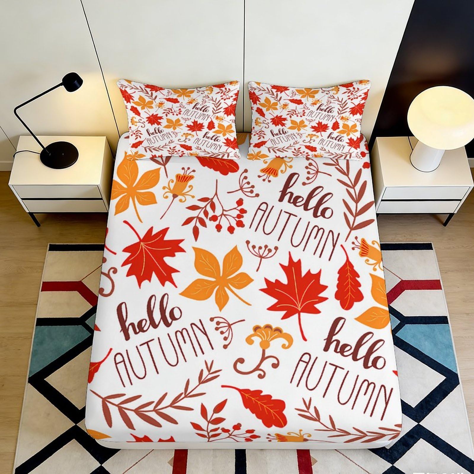 3D Printed Autumn Leaves Fitted Sheet Microfiber Soft Breathable Pumpkin Bed Cover for Bedroom Guest Dorm Decor 90x200x25cm