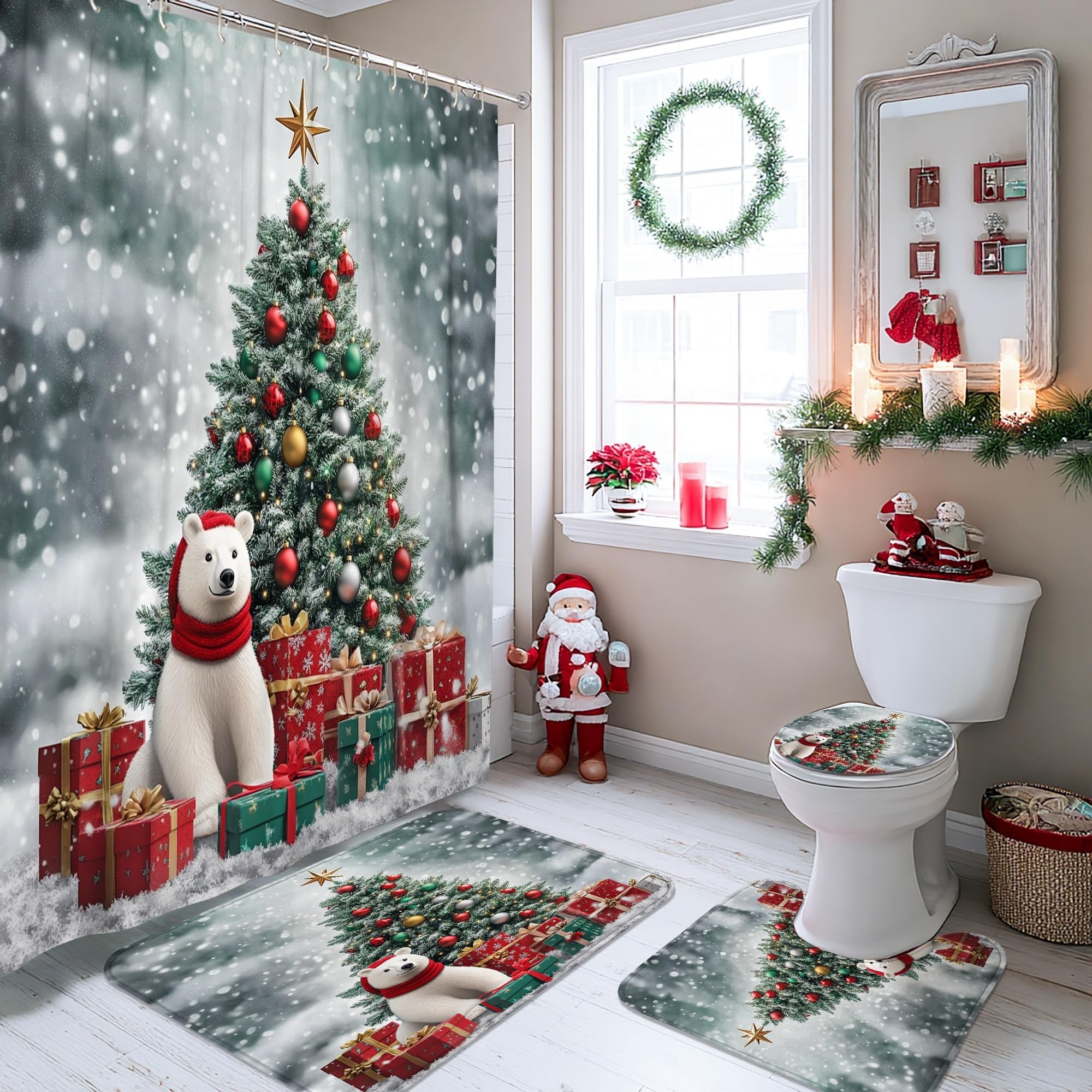 Rideau de douche haut de gamme en tissu imperméable vert sapin de Noël