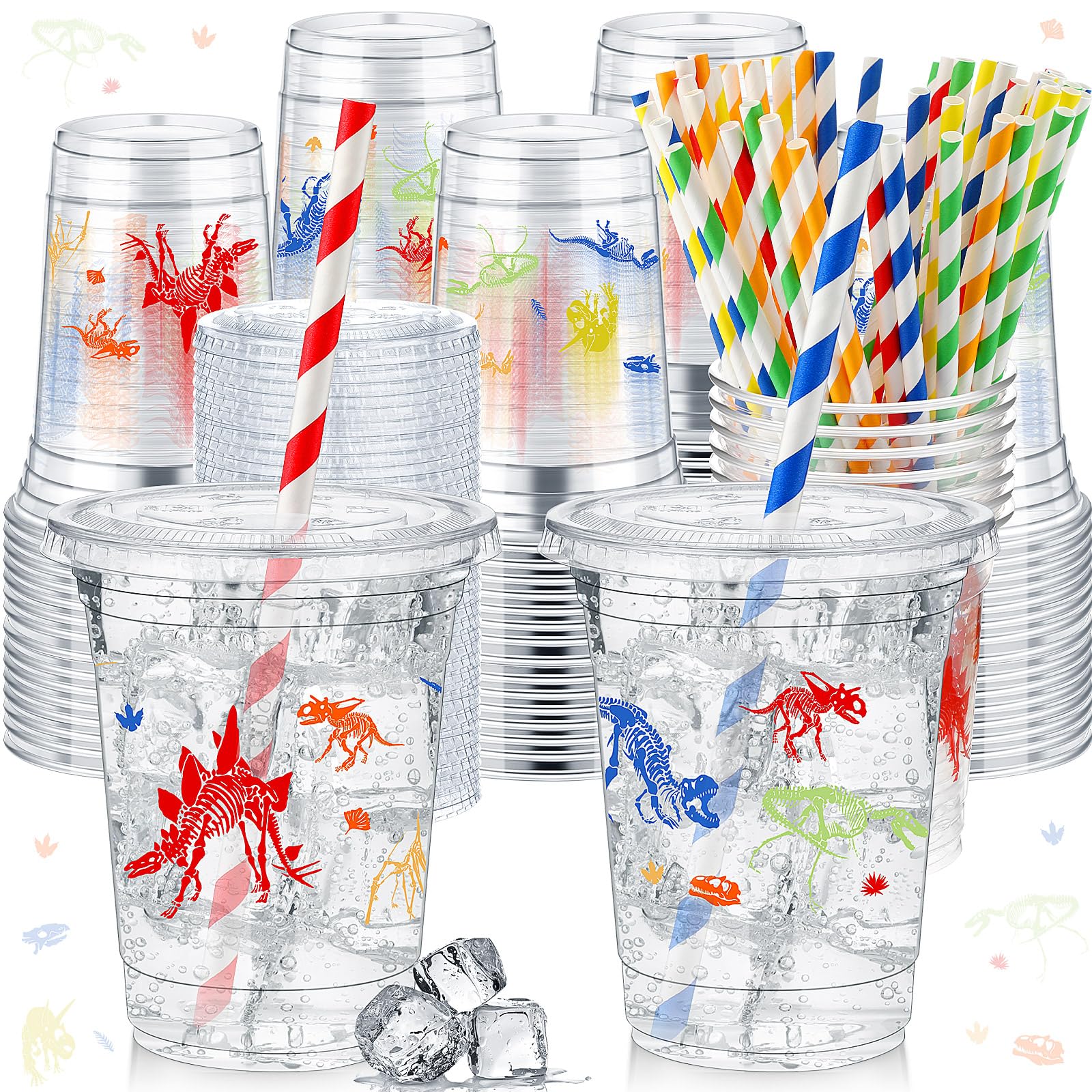 FoldTier 50 Pcs Dinosaur Cups for Kids 12 oz Disposable Plastic Cups with Straws and Lids Dinosaur Clear Cup Birthday Party Cups Supplies for Kids