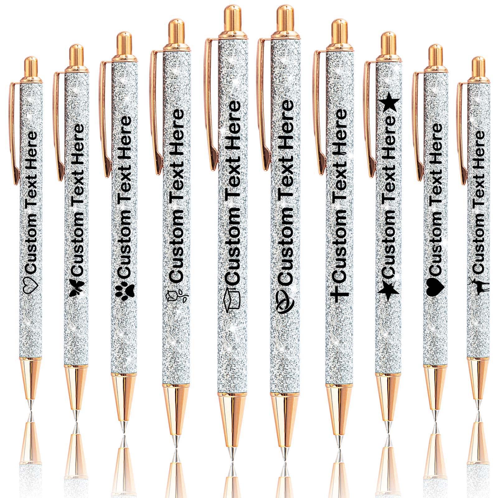 Xiuyours Personalised Pens for Women Custom Glitter Pen with Name Logo Imprinted, 10 Customised Sparkly Bling Ballpoint Pen Gift for Wedding Birthday Office Graduation, Silver — image 1