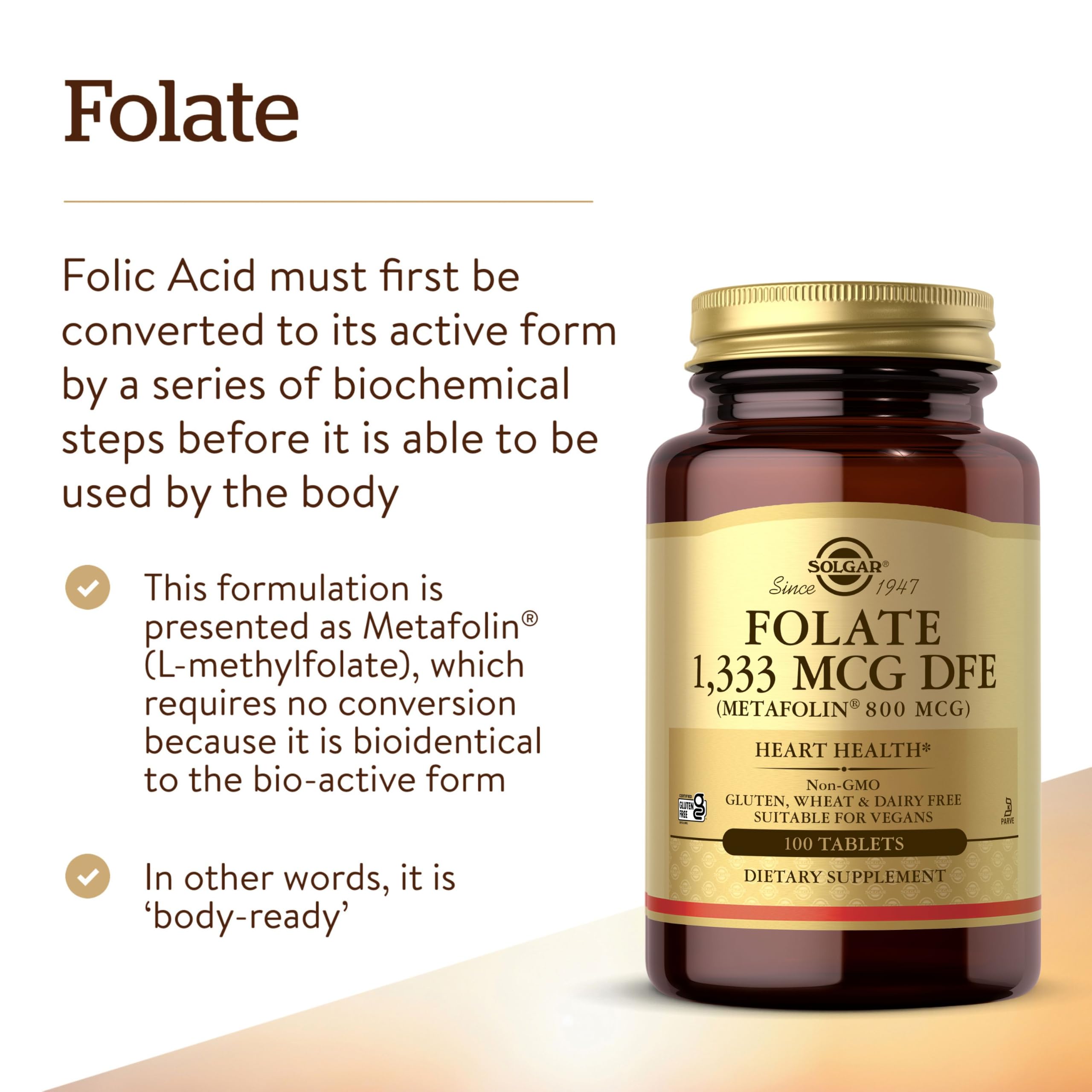 Solgar Folate 1,333 mcg DFE, 100 Tablets - 800 mcg Bio-Active Metafolin — Amazon image 3