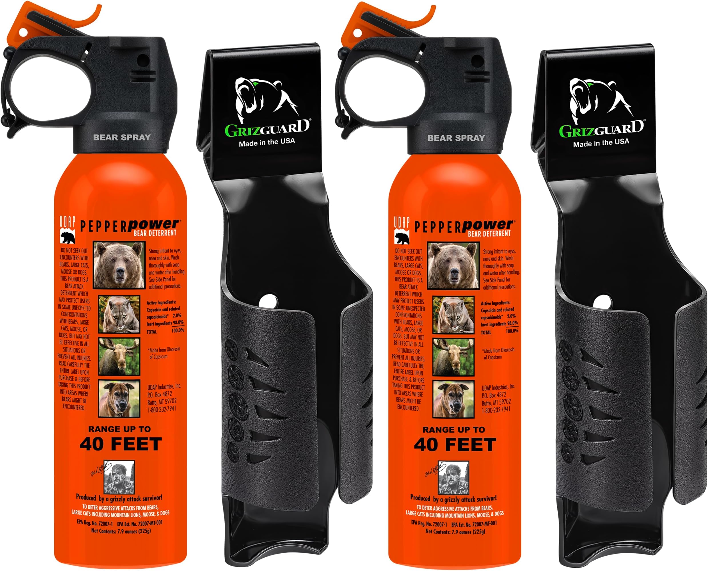 UDAP Pepper Power Bear Spray Self Defense Deterrent with Griz Guard Holster for Camping, Hiking, Fishing, Powerful Blast Pattern, 30 ft Fog Barrier, 12DCH, 7.9 oz, 2 Pack
