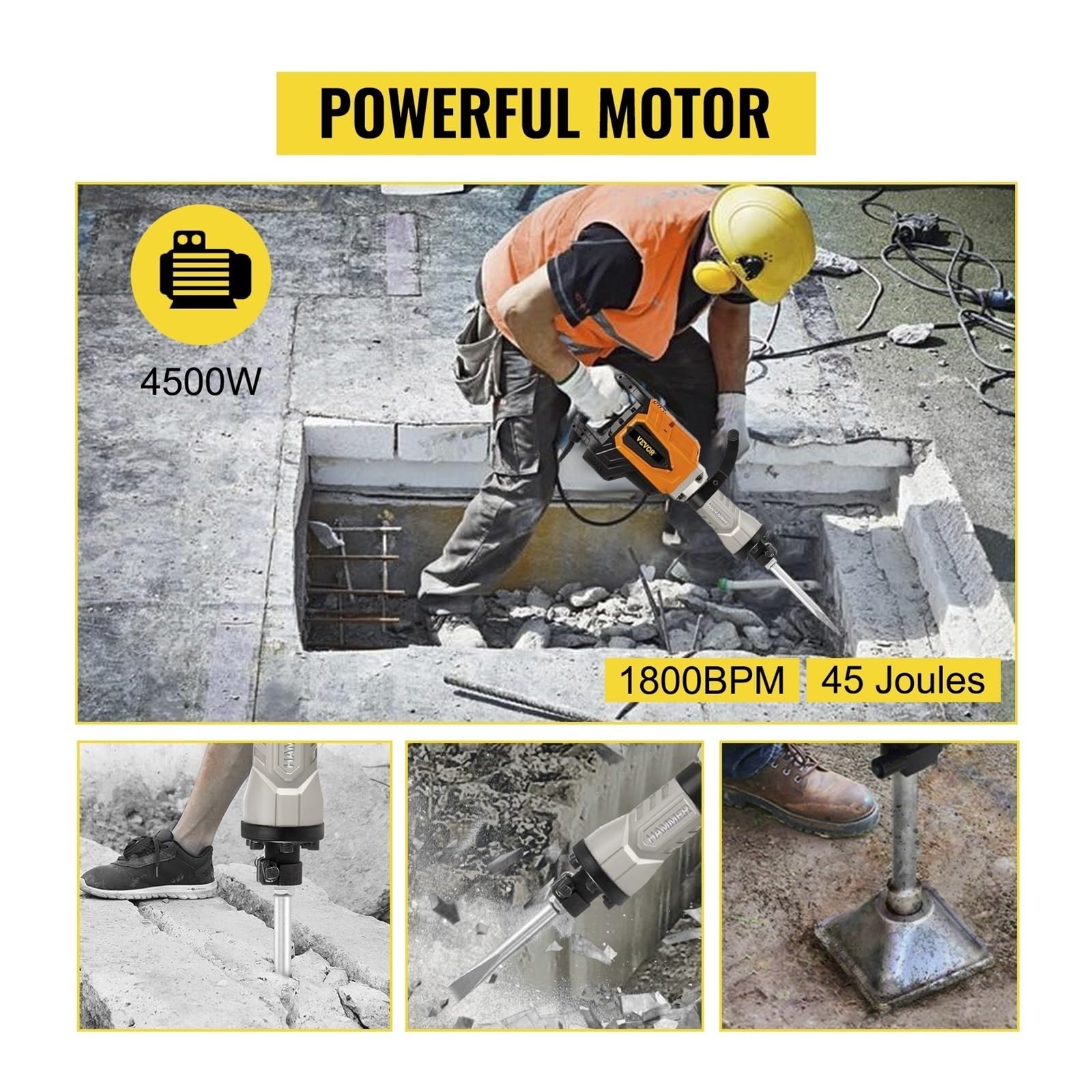 Podnośnik wyburzeniowy 4500W wielofunkcyjny młot udarowo-obrotowy z pudełkiem beton łamanie gruntu elektryczny młotek wiertarka udarowa Dla początkujących majsterkowiczów(4 Chisels)