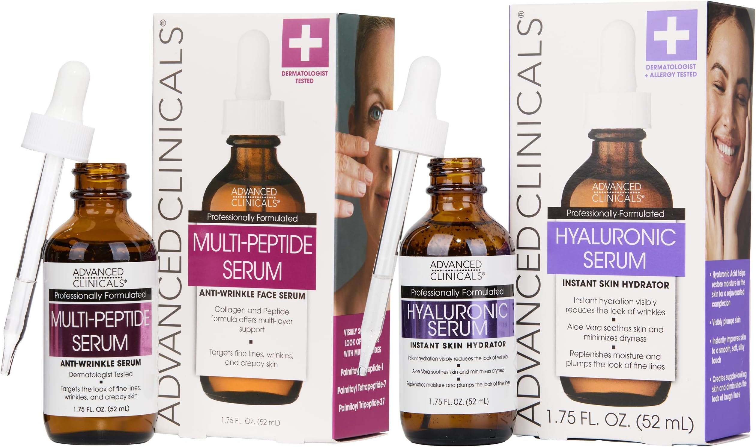 Advanced Clinicals Hyaluronic Acid Face Serum & Peptide Facial Serum Skin Care Bundle W/Collagen Skincare Set. Hydrating Serums For Wrinkles, Dry Skin, Fine Lines, 1.75 Fl Oz (Set of 2)#