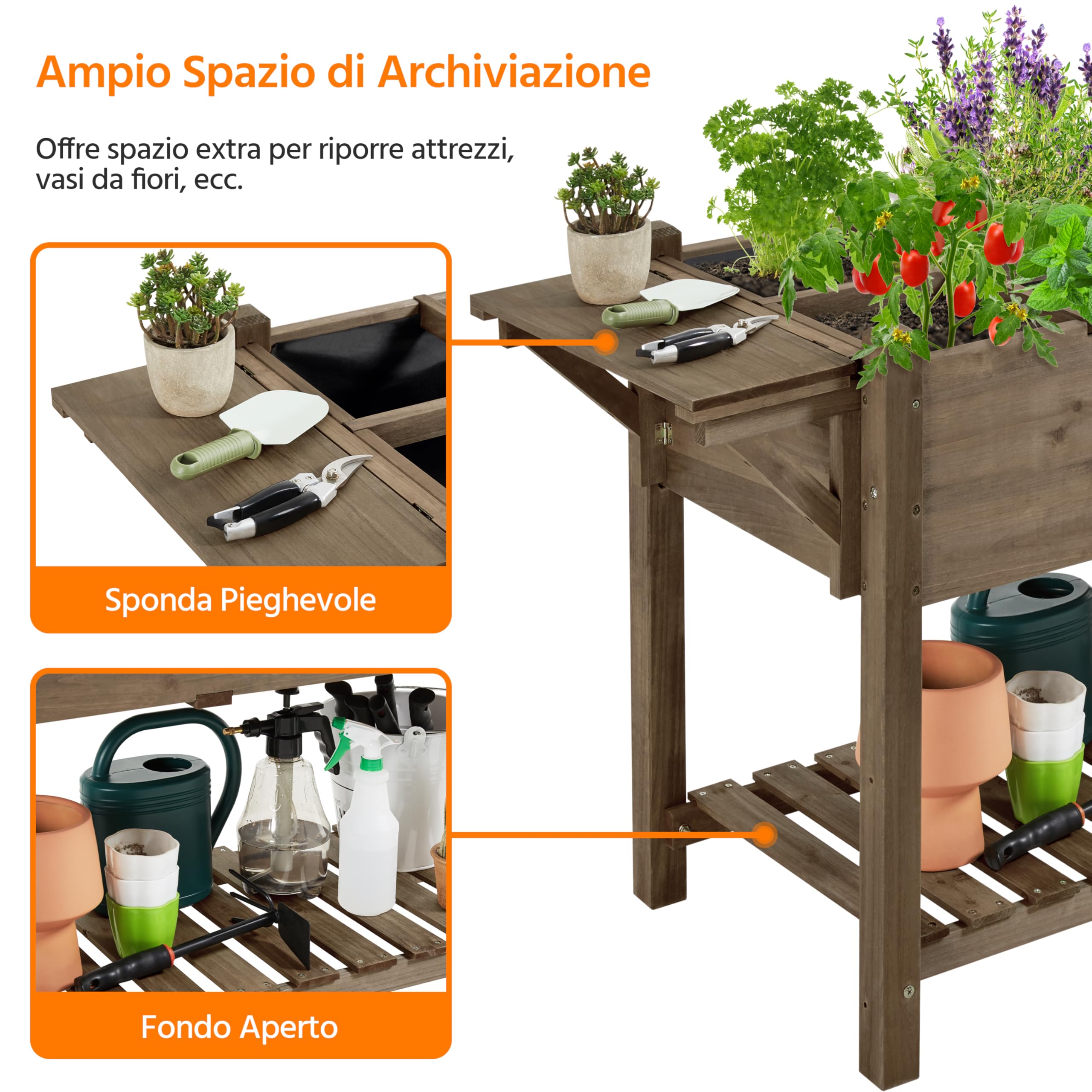 Yaheetech Fioriera/Aiuola Rialzata Orto Balcone da Esterno Giardino Alta in Legno Naturale Lettino per Piante Giardino con Ripiano Pieghevole e Griglia 8 Scompatimenti 123,5 x 54 x 80 cm