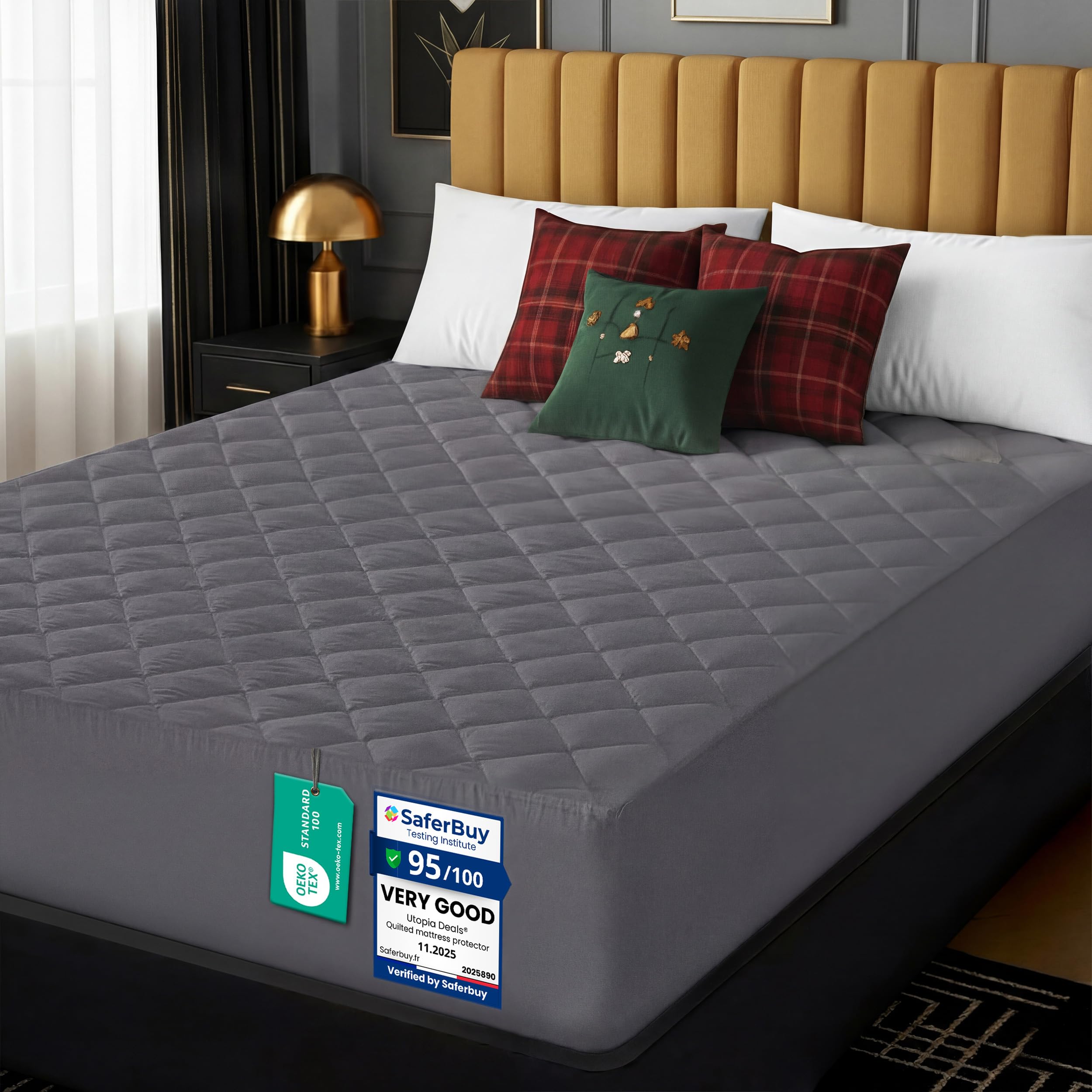 Utopia Bedding Quilted Mattress Topper Double Bed, Mattress Protector, Cover Quilted Pad Soft Breathable, Deep Fitted Elastic, Double 135 x 190 + 38 cm, Grey