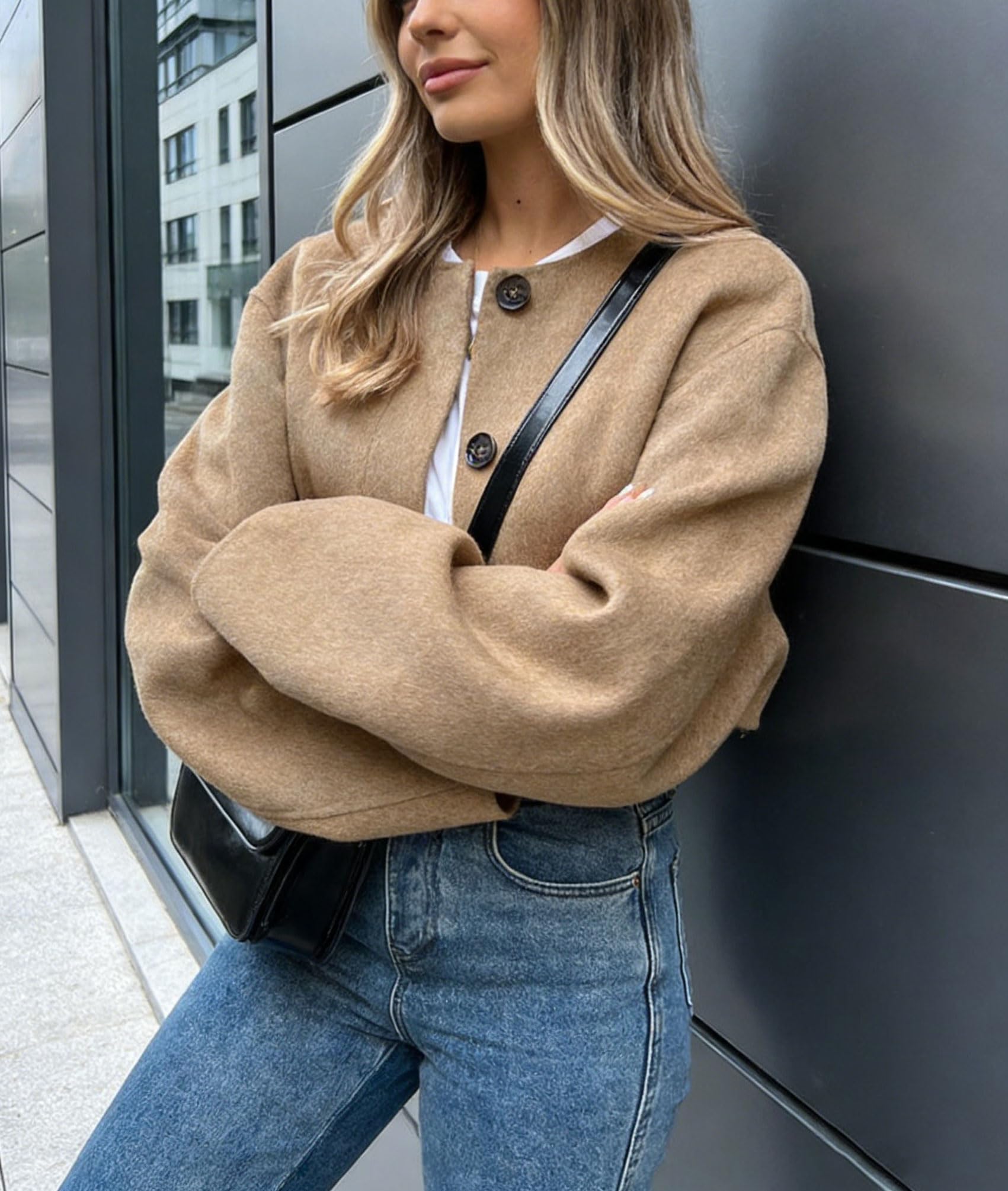 CHARTOU Women Cropped Wool Blend Pea Coat Short Jacket Peacoat Long Sleeve Button Down Crop Jacket