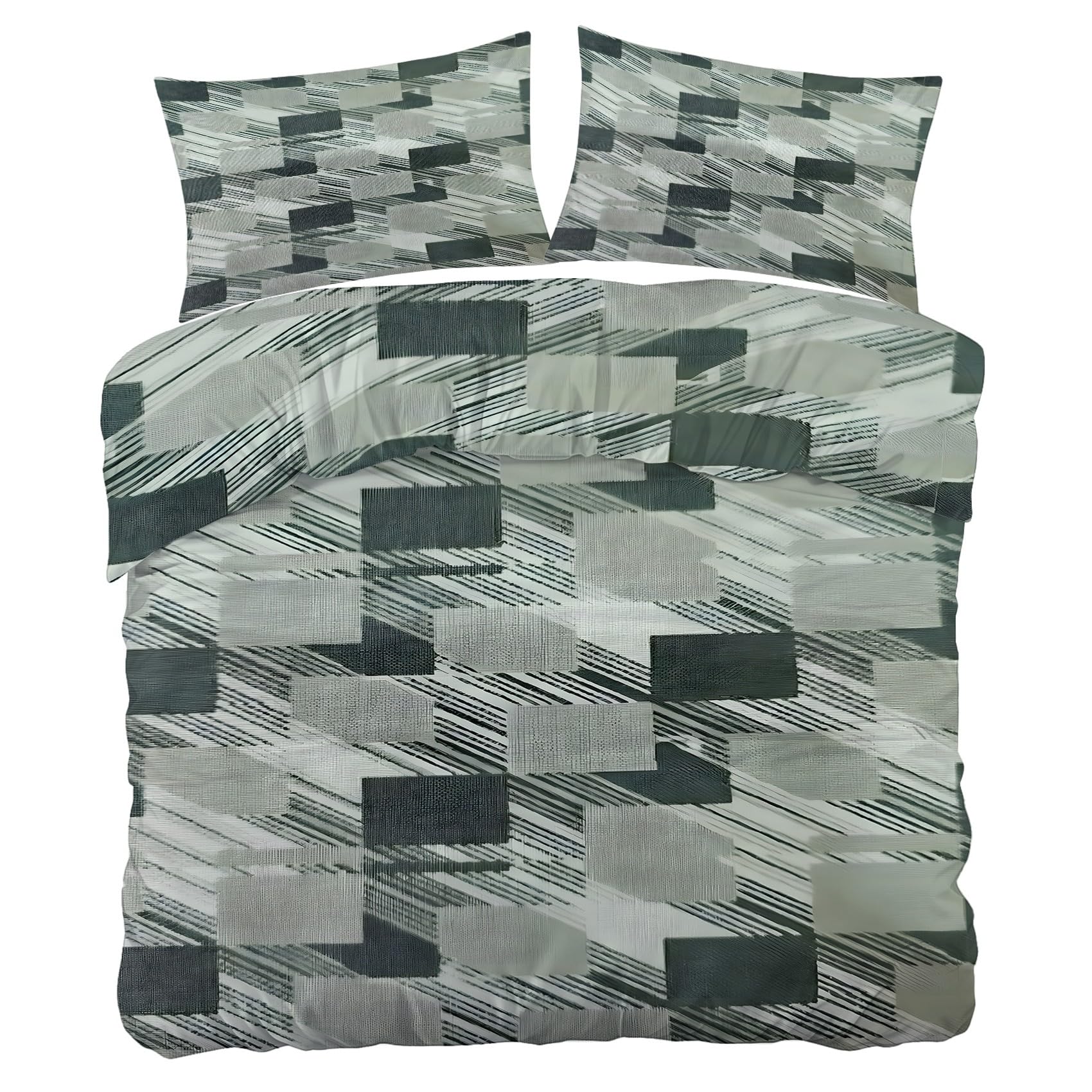 Copripiumino Matrimoniale 240x220 Quadrati geometrici Linee diagonali moderne Biancheria da Letto Morbido Microfibra Copri Piumone e 2 Federe Abbinate, con Zip PA2315