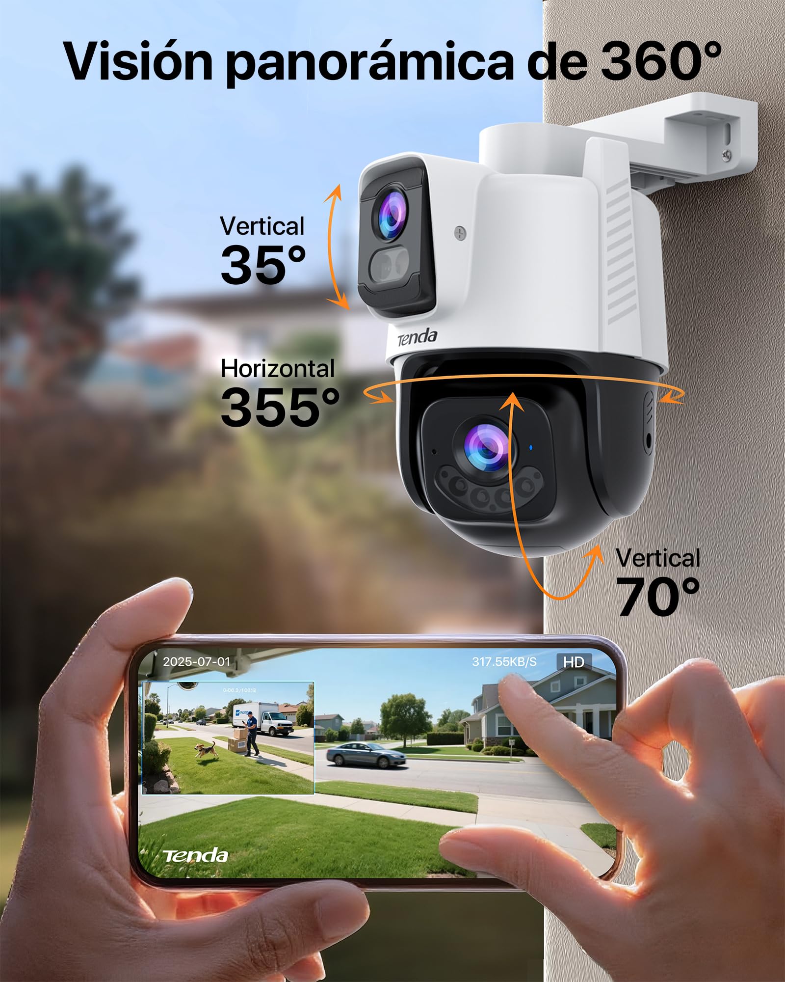 Tenda CH9 Cámara Vigilancia Wifi Exterior con lente dual 2K+2K, Visión nocturna, Camara vigilancia de seguridad, Detección de personas y vehículos, Alerta y Seguimiento automático, Audio bidireccional