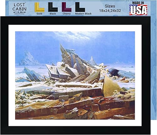 Caspar David Friedrich - Cabaña perdida El mar de hielo  Impresión enmarañada en marco plano negro  Reproducción de pinturas de obras de arte finas