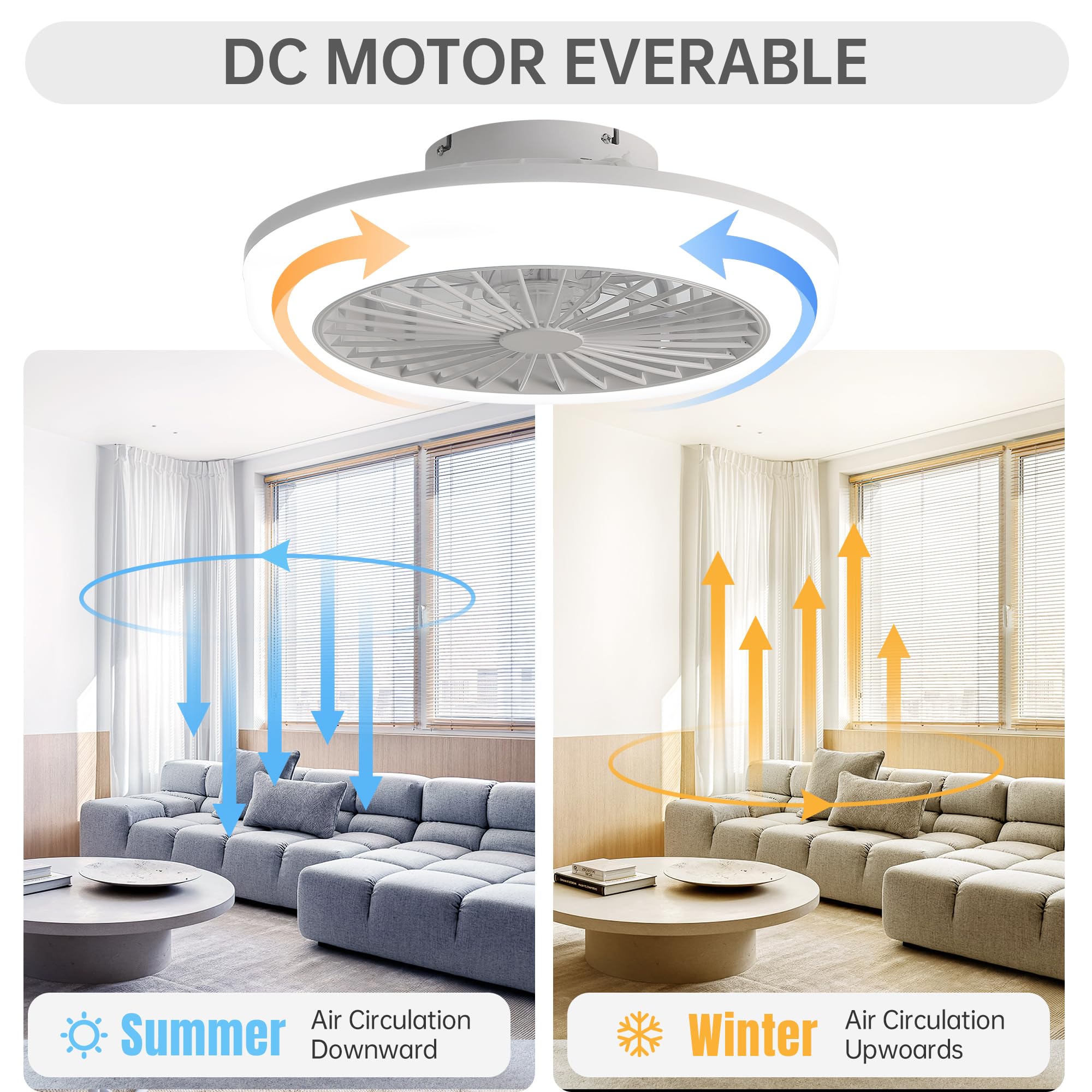 Ventilador de techo LED regulable 60W con control remoto, motor DC silencioso, 7 aspas transparentes, para baños y espacios pequeños
