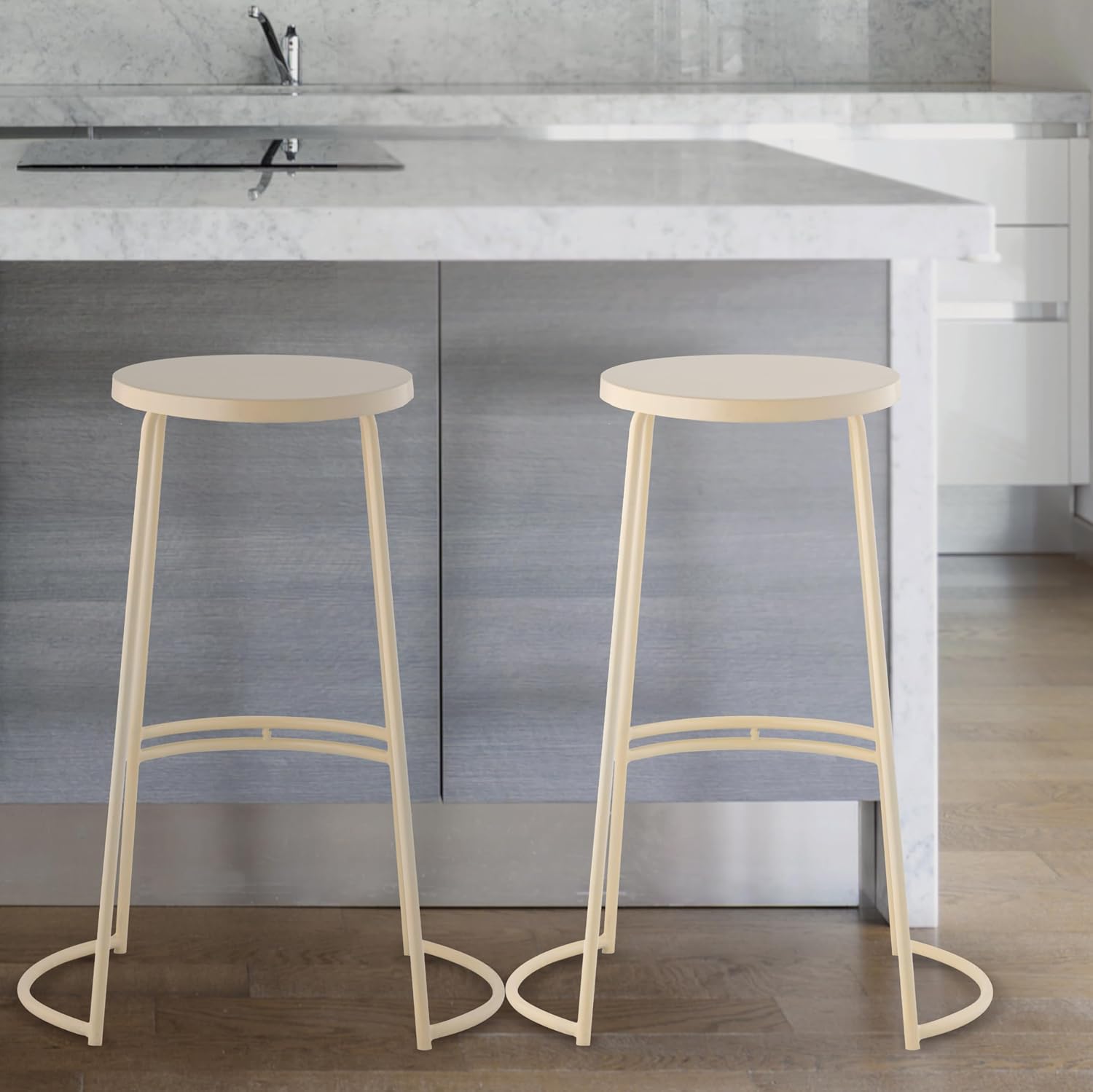 JONATHAN Y Hula 28.75" Almond Modern Backless Metal Bar Stool, Round Iron Seat and Base with Integrated Footrest, Industrial Bar Chair for Kitchen Island and Home Bar BSL1001D