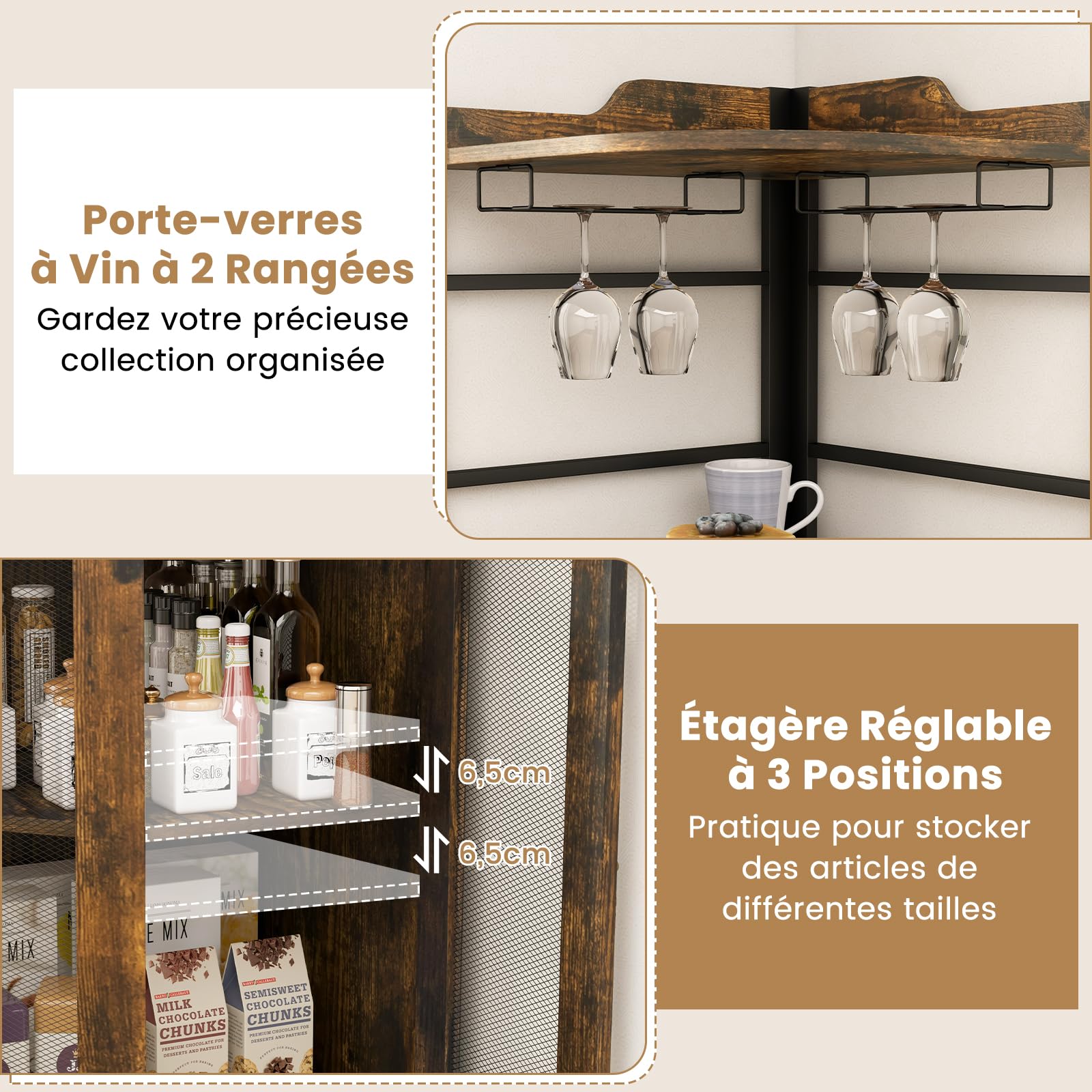 GOPLUS Meuble Cuisine à Vin d'angle Style Industrielle, Étagère Réglable et Porte en Maille, Meuble de Rangement sur Pied avec Porte-Verre à Vin pour Bar, Cuisine, Salon (Marron Rustique)