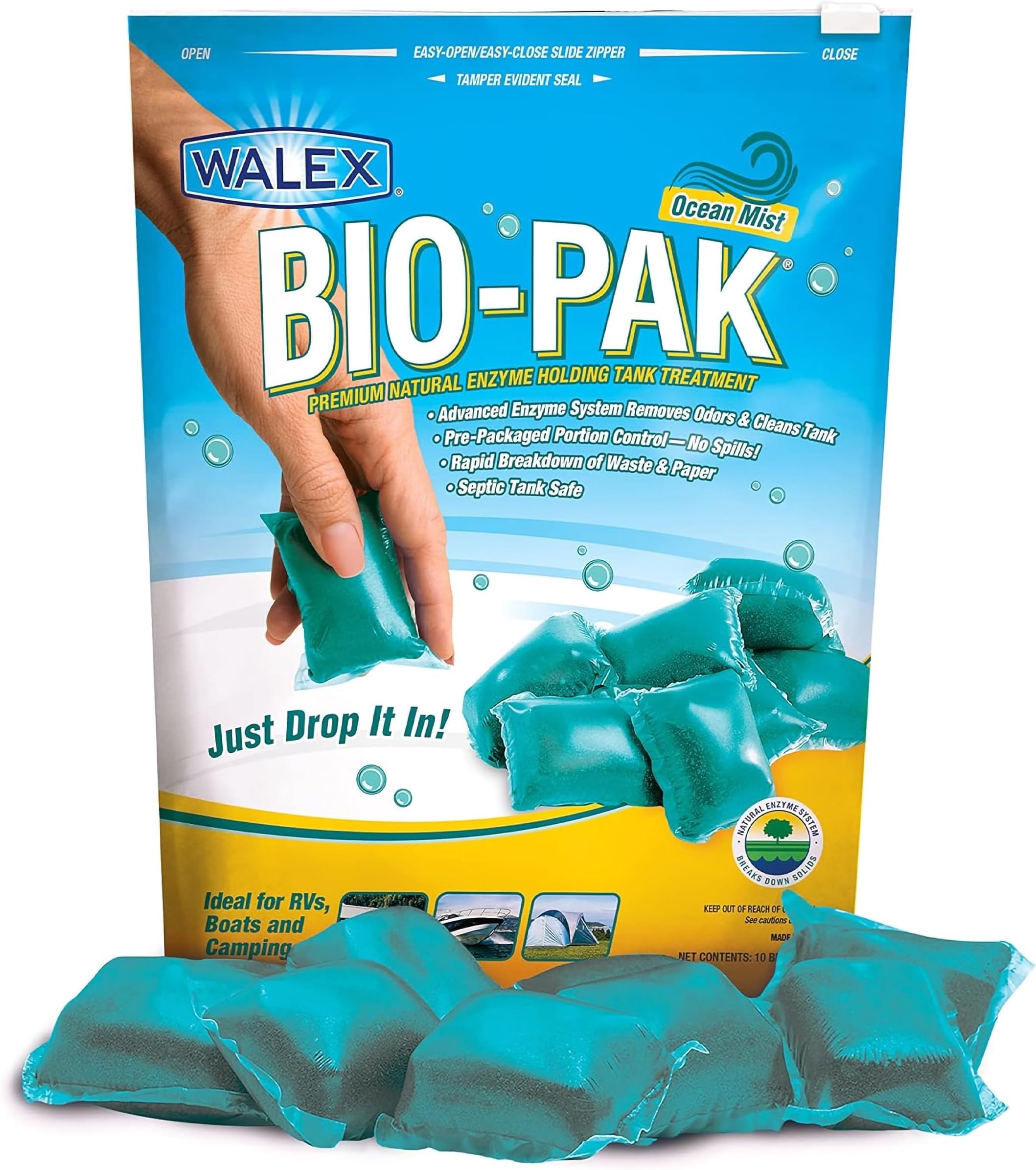 Walex Bio-Pak Black Holding Tank Deodorizer & Waste Digester Drop-Ins - Advanced Enzyme Formula for Rapid Breakdown of Waste & Paper, Removes Odors & Cleans Tank, Ocean Mist, 10-Pack