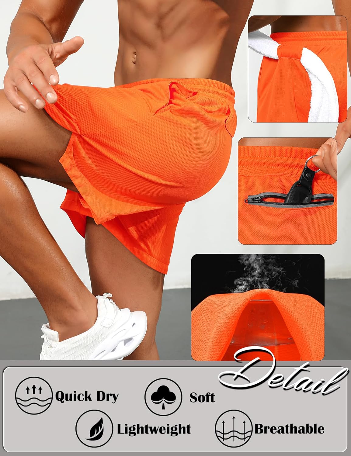 Babioboa Men's Shorts Gym Quick Dry Athletic Workout Sports Lightweight Running Shorts with Zip Pocket & Towel Loop - Image 4