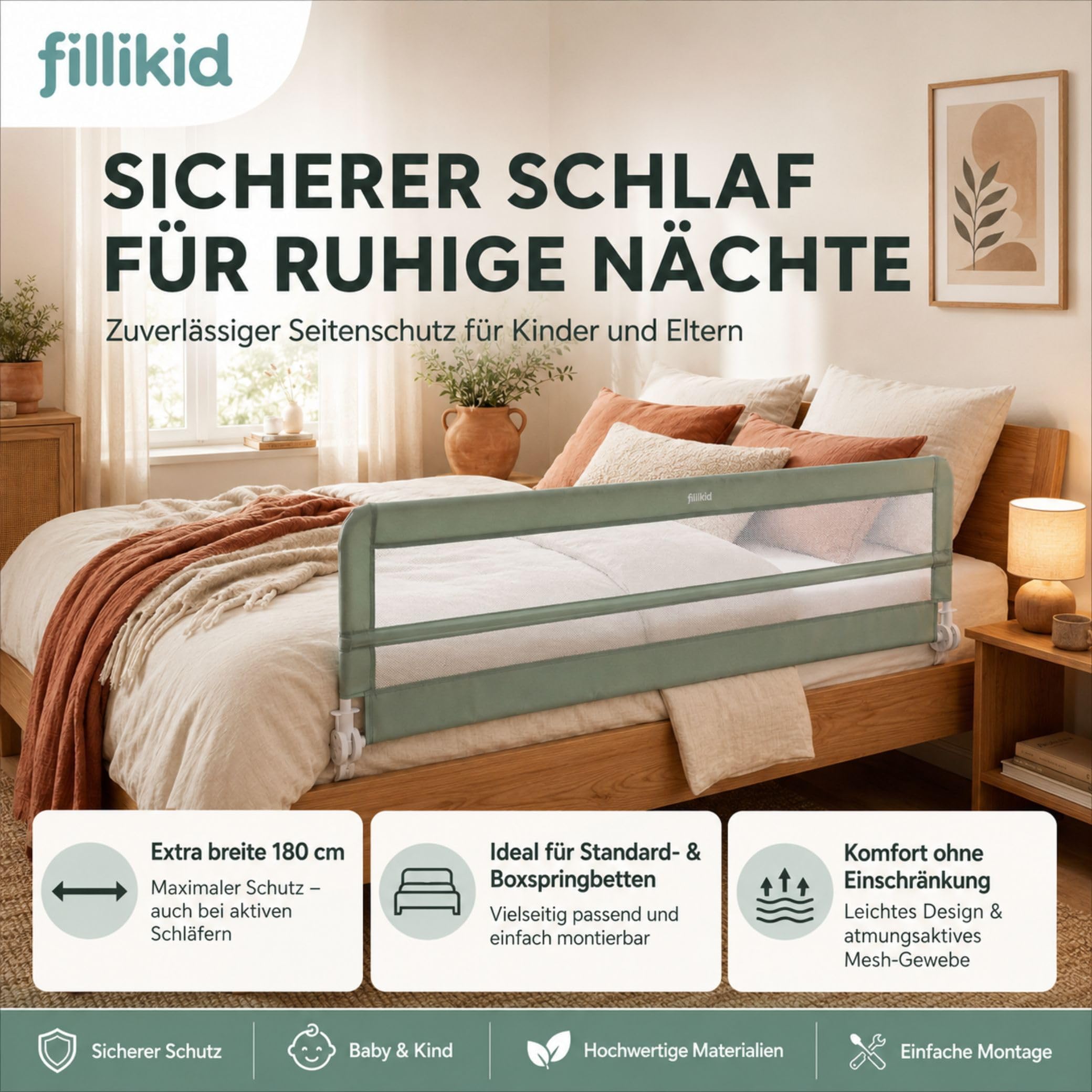Fillikid Bettgitter Lina XL 180 x 50 cm Exklusiv | Rausfallschutz Bettschutzgitter für Kinderbett & Boxspringbett | Kinder Schutzgitter klappbar | Extra lang | Seitenschutz fürs Bett
