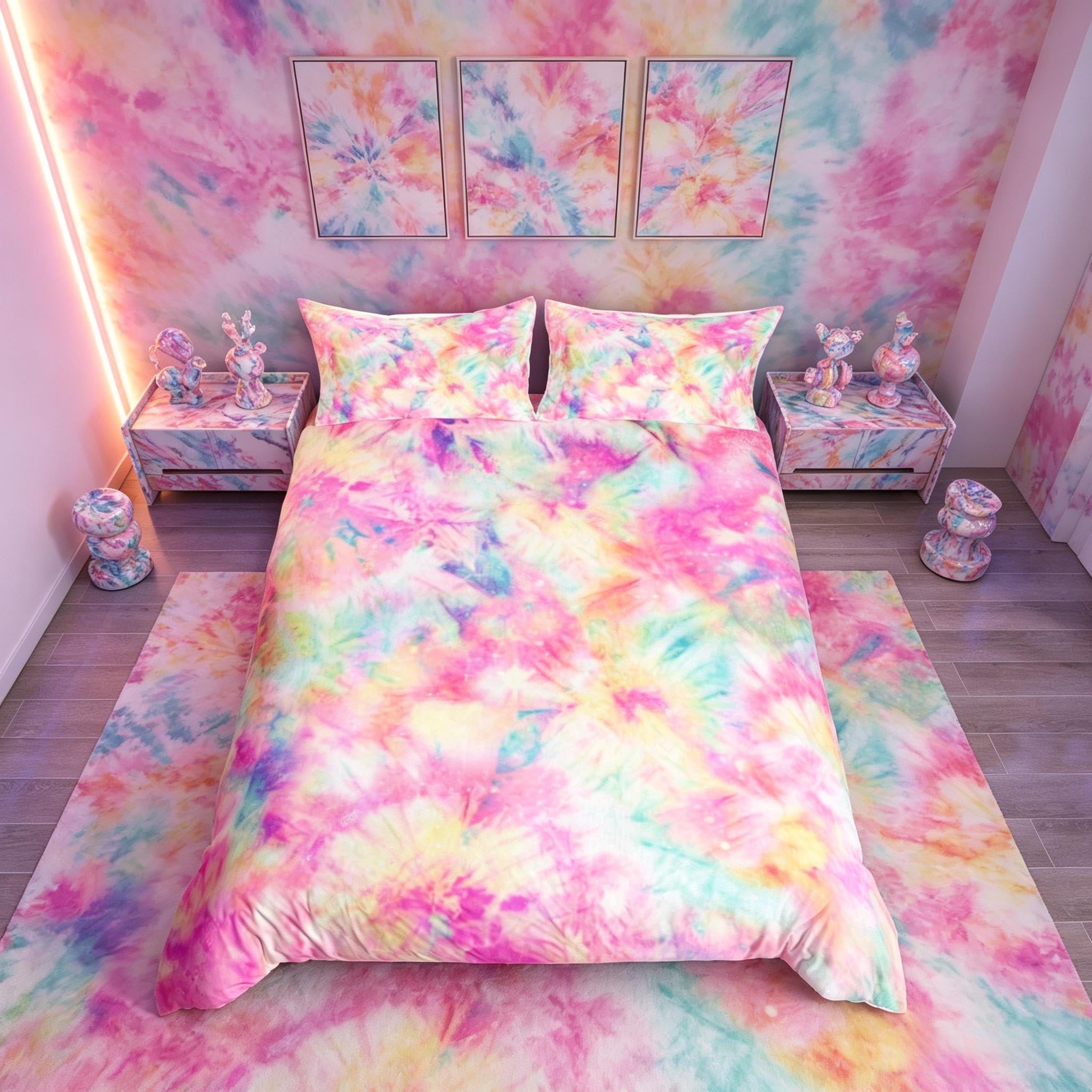 Loussiesd Kid Pink Tie Dye Comforter Cover Girls Rainbow Duvet Cover Stylish Batik Bedding Set for Child Women Girls Watercolor Psychedelic Quilt Cover Soft Bedclothes Double Size with 2 Pillow Cases — image 1