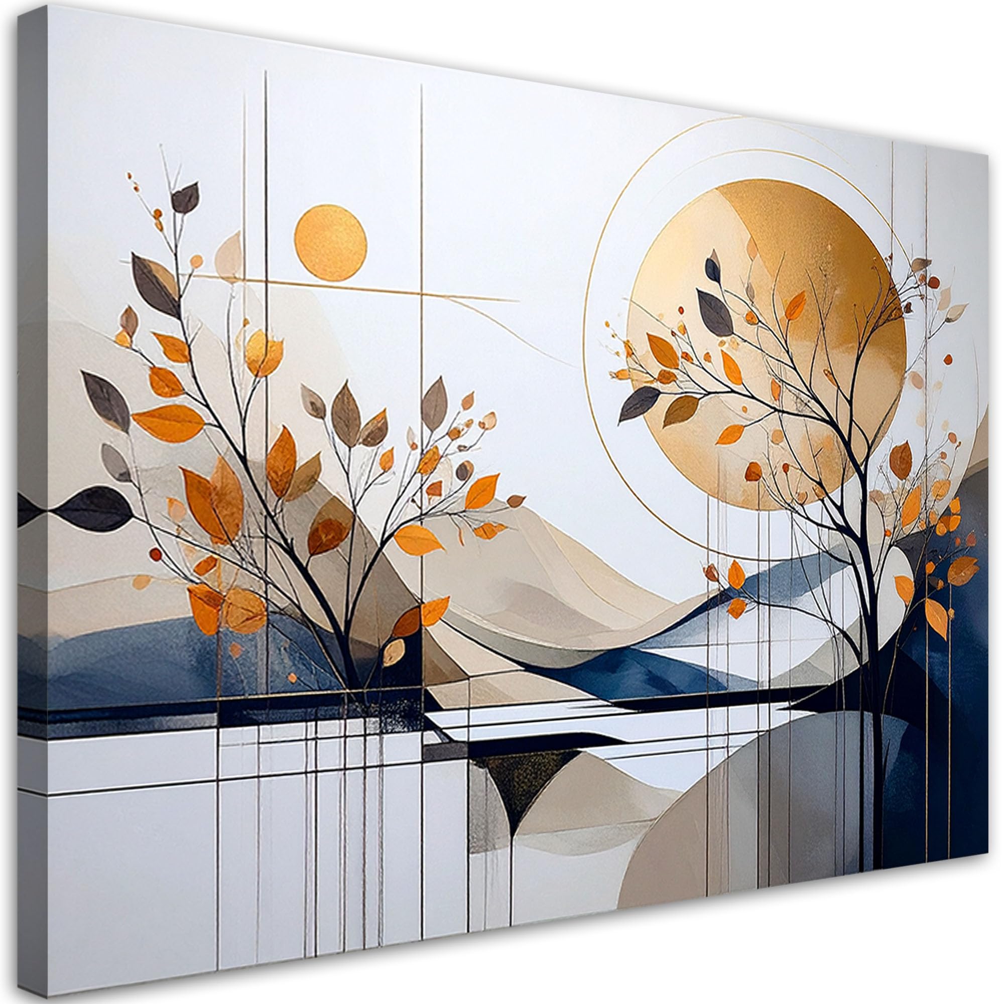 Feeby Wandbilder - Bilder Schlafzimmer - Abstrakt Berge Sonne Blätter - 90x60 1tlg - Wohnzimmer Bild Groß - Wohnungs - Foto Geschenk - Leinwand Wall Art - Wand Deko