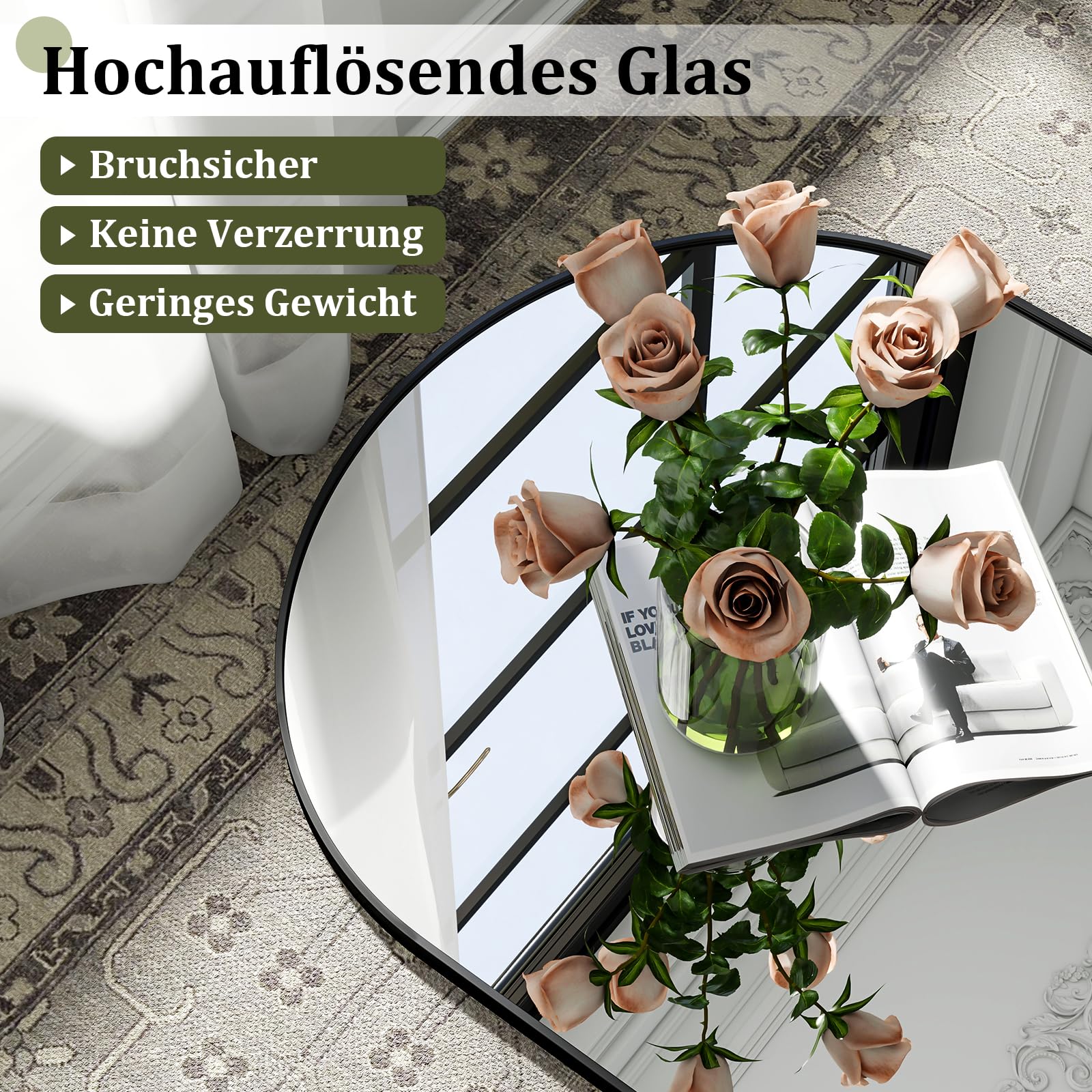 BEAUTYPEAK Großer Bogen Ganzkörperspiegel 218x102 cm, Gewölbter Standspiegel hängend oder lehnend an die Wand, groß Bodenspiegel mit Ständer für Schlafzimmer, Wohnzimmer oder Ankleidezimmer, Schwarz