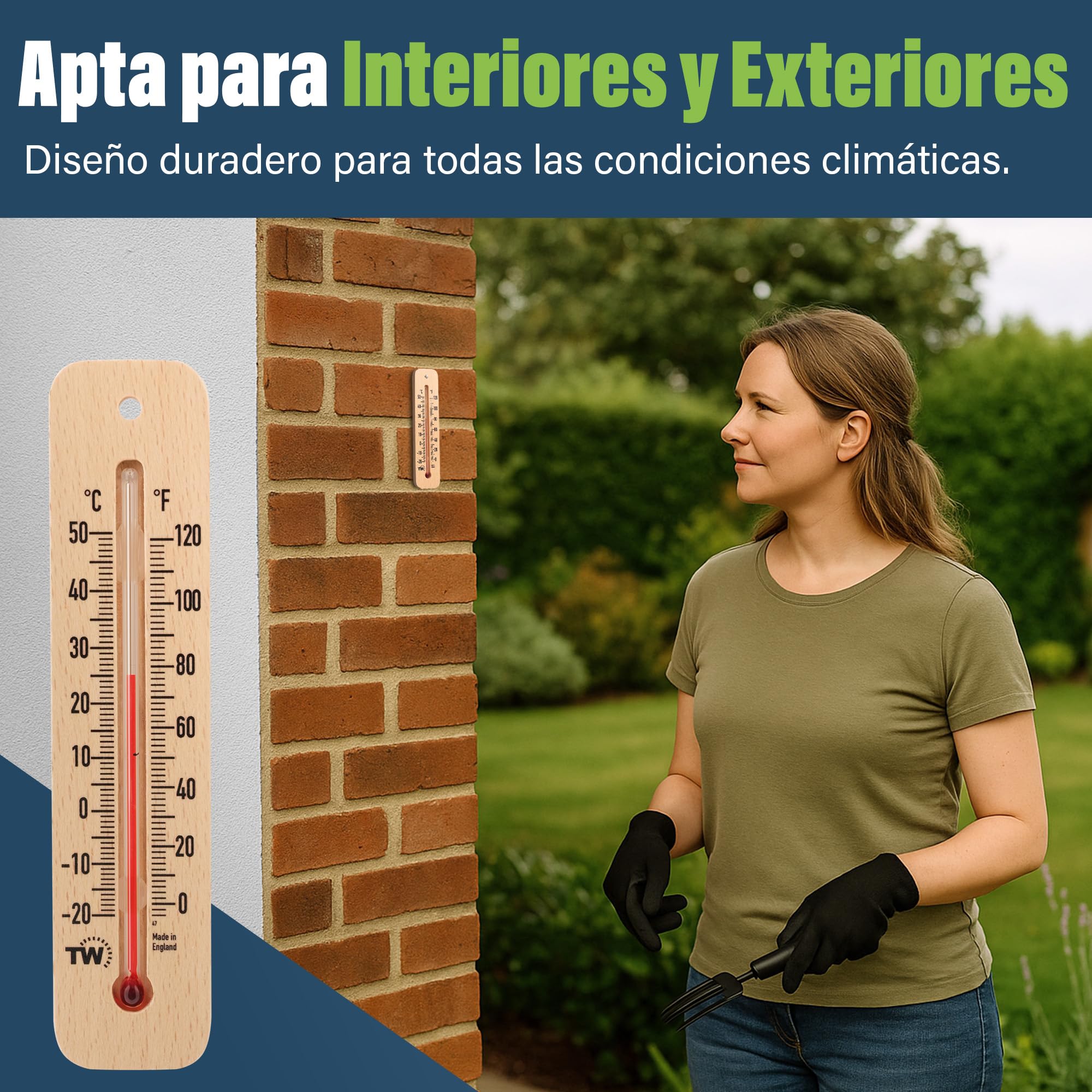 Termómetro Tradicional de Madera para Medir la Temperatura Ambiente, Ideal para Hogar, Oficina, Jardín, Invernadero o Garaje