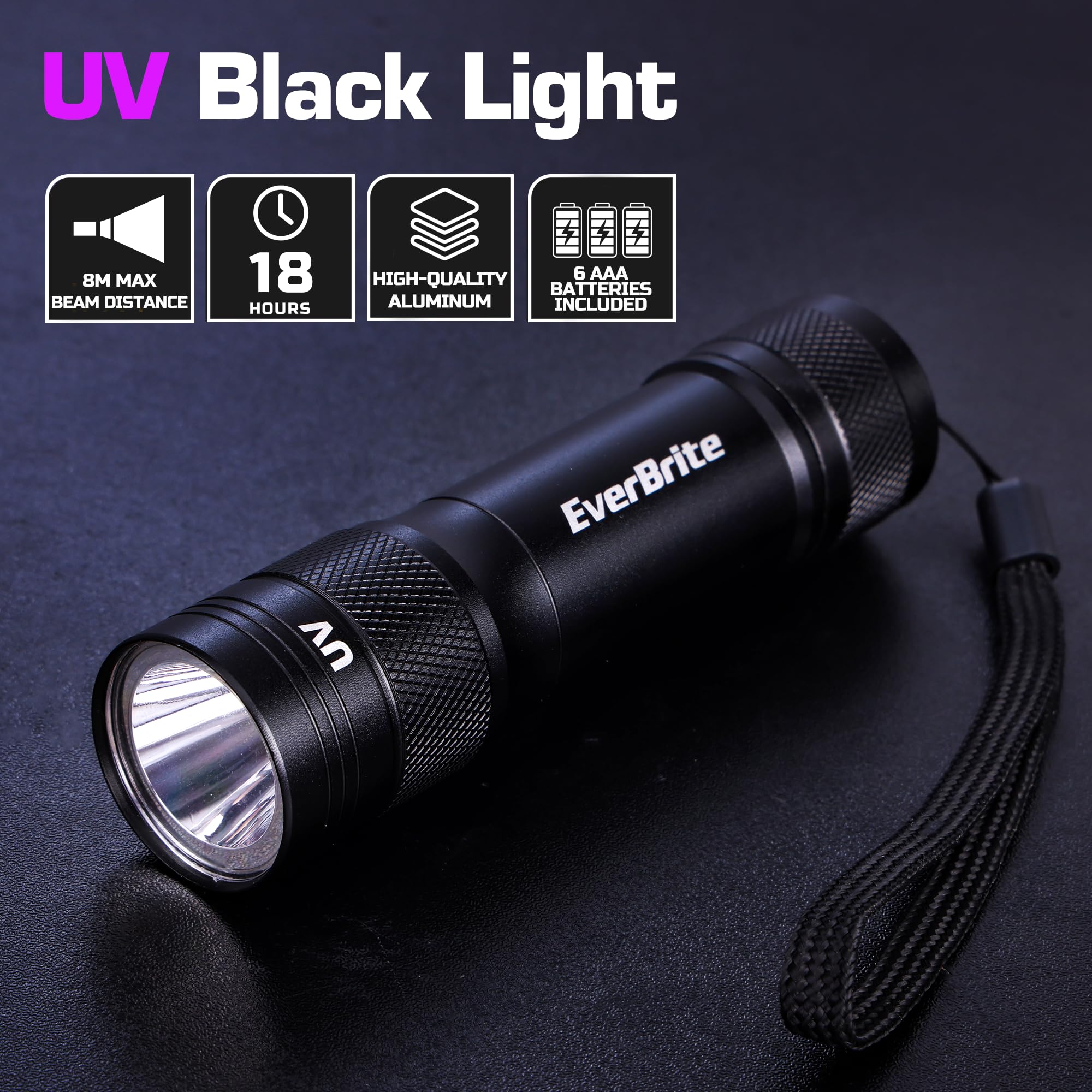 EverBrite Latarka UV 365 nm, czarne światło z 1 W LED i aluminiową obudową, antypoślizgowy uchwyt, czas pracy 18 godzin, wykrywacz moczu zwierząt domowych dla psów i kotów, tester banknotów