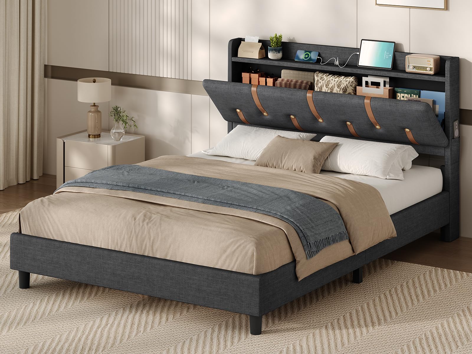 KIMENICH Double Bed Frame 135x190cm, Upholstered Bed 135 x 190 cm with Storage Headboard and Sockets, Open Shelf, Concealed Storage, 4ft6 Double Bed Frame with Wood Slat Support, Linen Grey