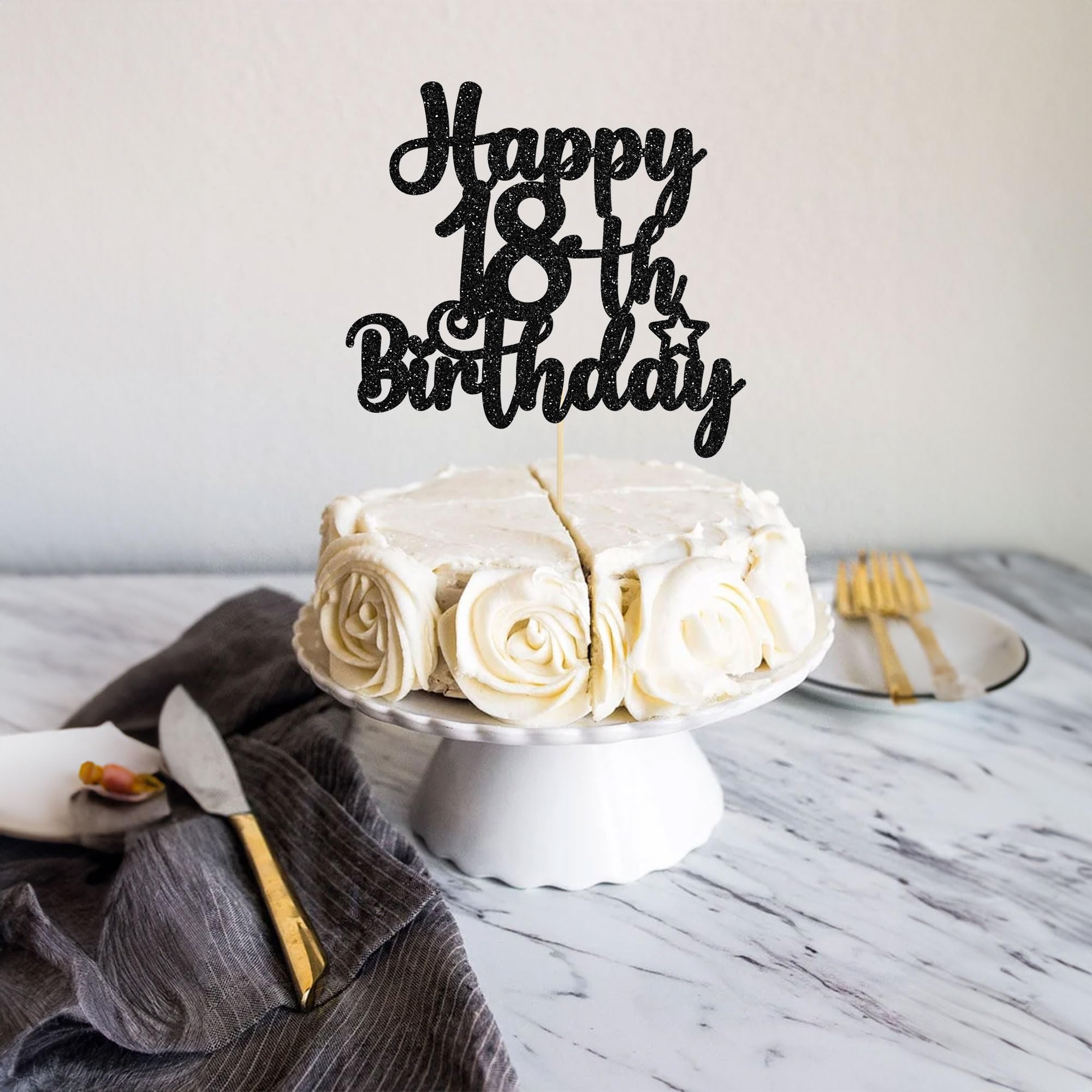 Tortenaufsatz Zum 18. Geburtstag – Schwarzer Glitzer, '18 & Fabulous', Kuchendekoration