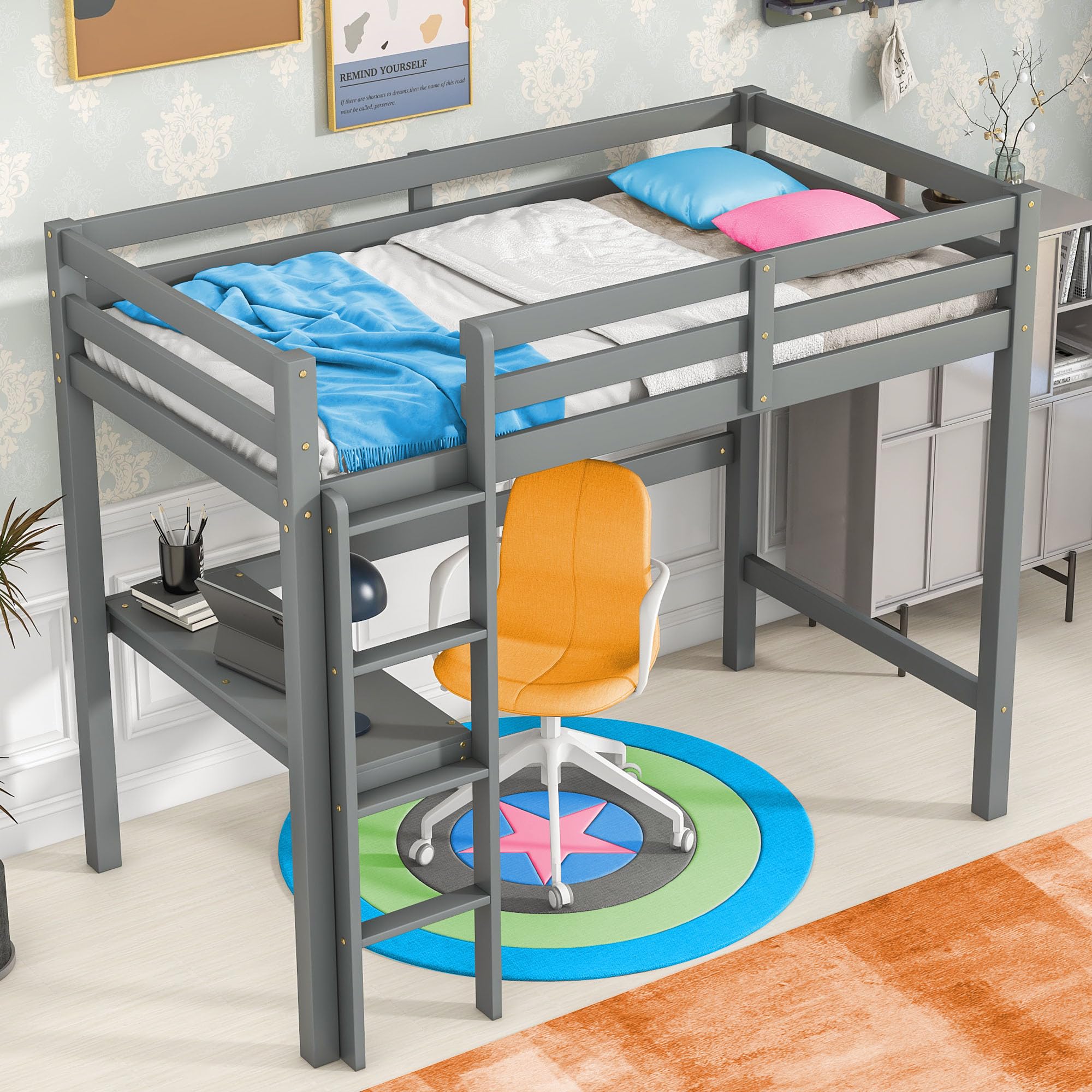 Wood Loft Bed Twin Size with Desk,Kids Loft Bed with Stairs and Rails for Toddlers Kids Teens Boys Girls,Solid Wood Salts Support,Noise-Free,Easy Assemble (Grey, Twin)