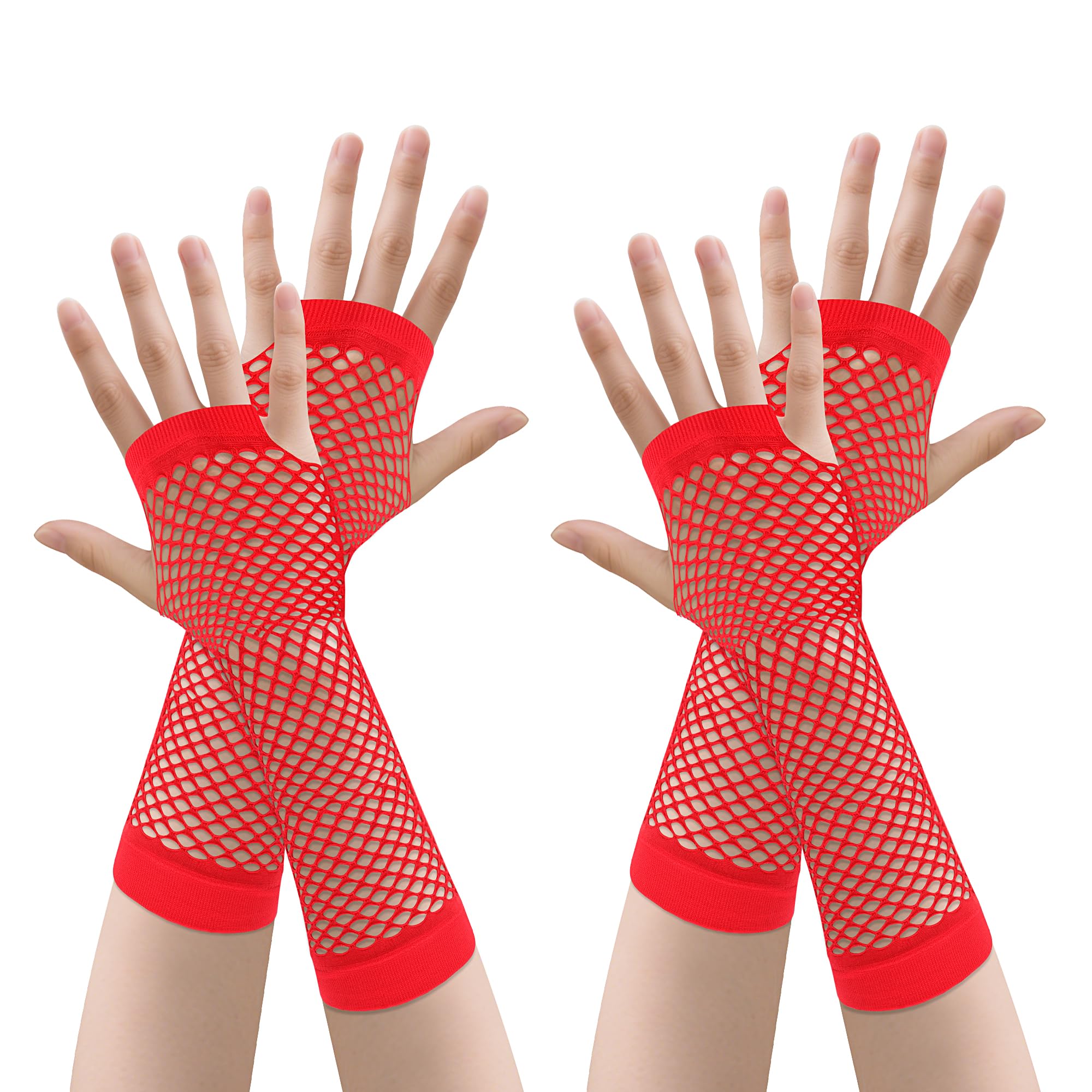 Junart Long-2 Red 2 Pairs Of Long Fishnet Gloves, 4 Colours Stretchy Fingerless Mesh Gloves For Theme Parties,Performances,Cosplay,Costume Accessories(Red)